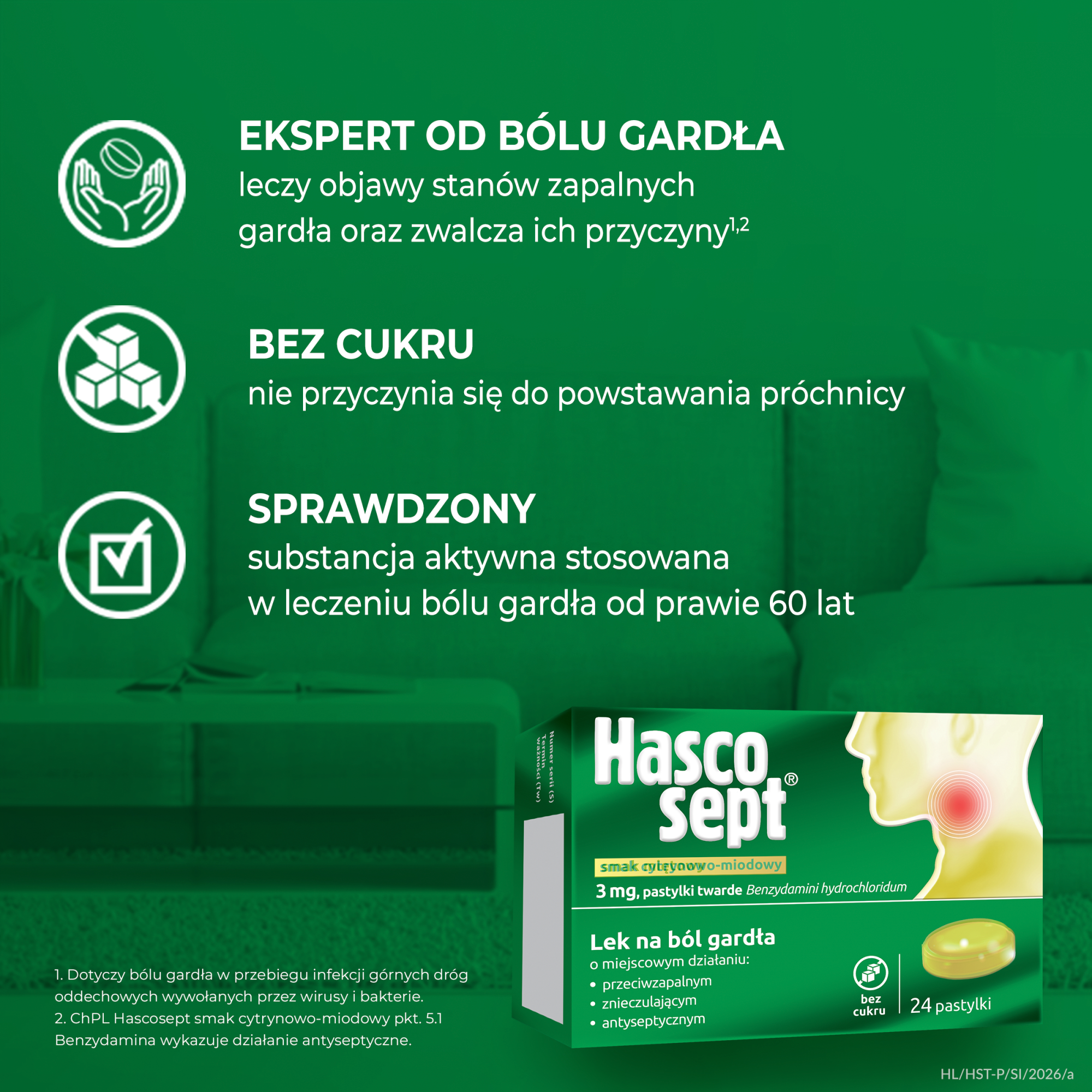 Hascosept smak cytrynowo-miodowy, 24 past. Na ból gardła, cena, opinie, dawkowanie