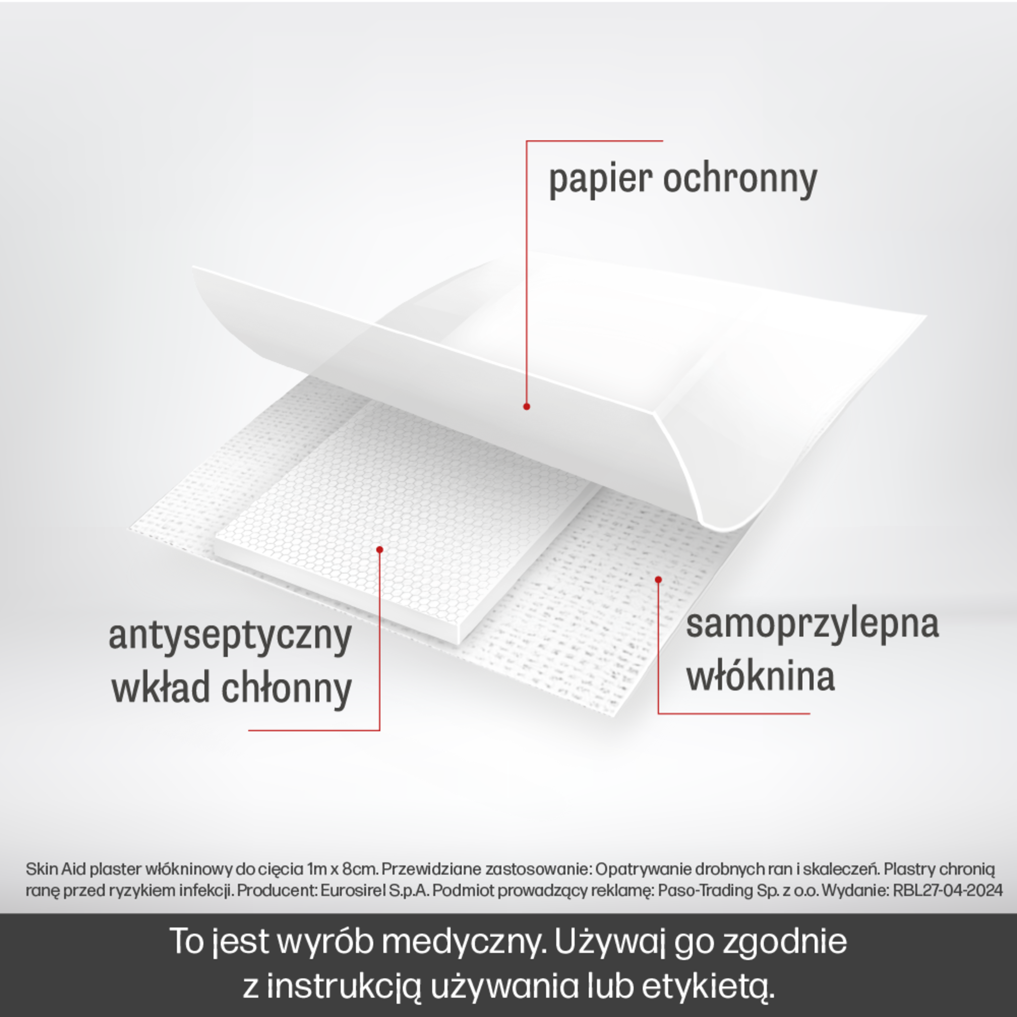 Skin Aid, plaster włókninowy, 1 m x 8 cm, 1 sztuka