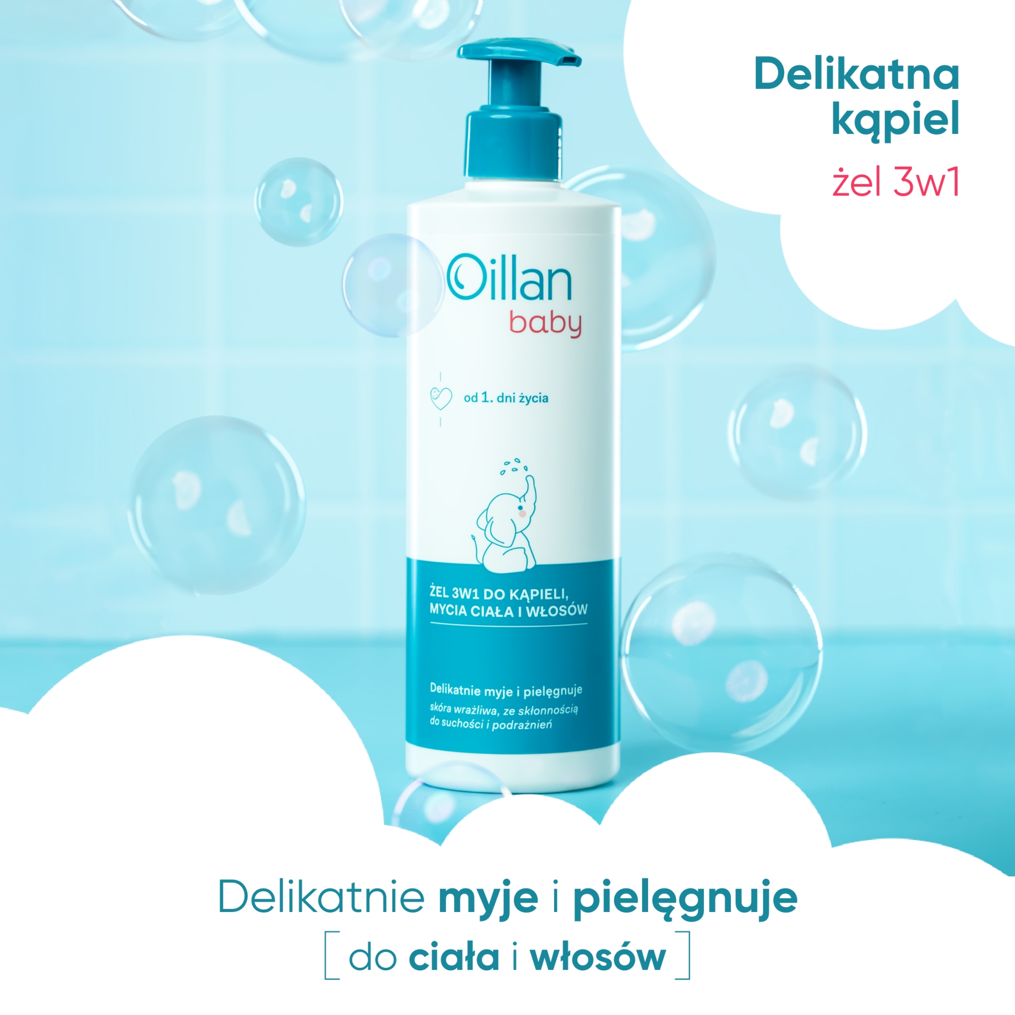 Oillan Baby, żel 3w1 do kąpieli, mycia ciała i włosów, 400 ml