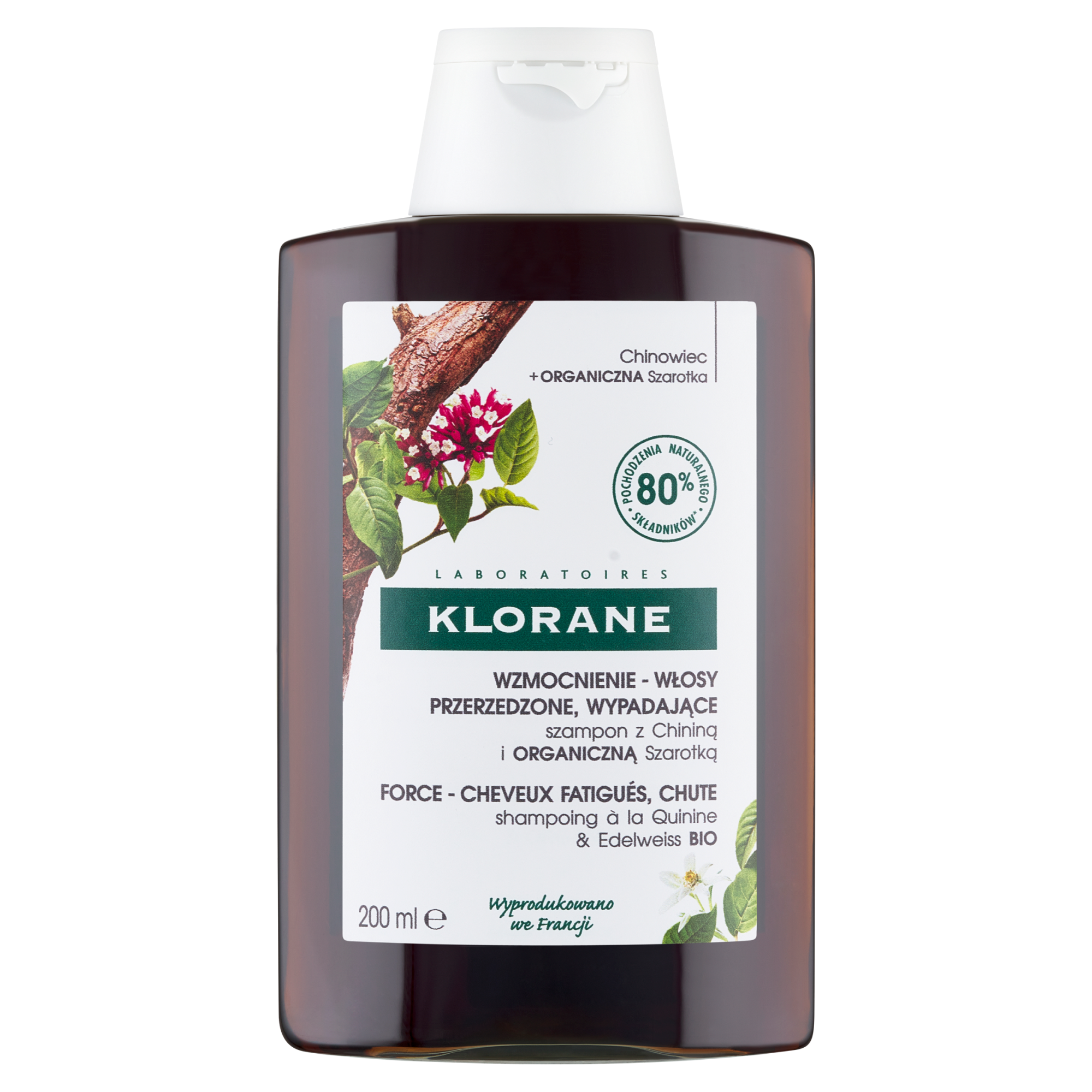 Klorane Szampon z chininą i organiczną szarotką Wzmocnienie - włosy przerzedzone, wypadające, 200 ml, cena, opinie, stosowanie zdjęcie