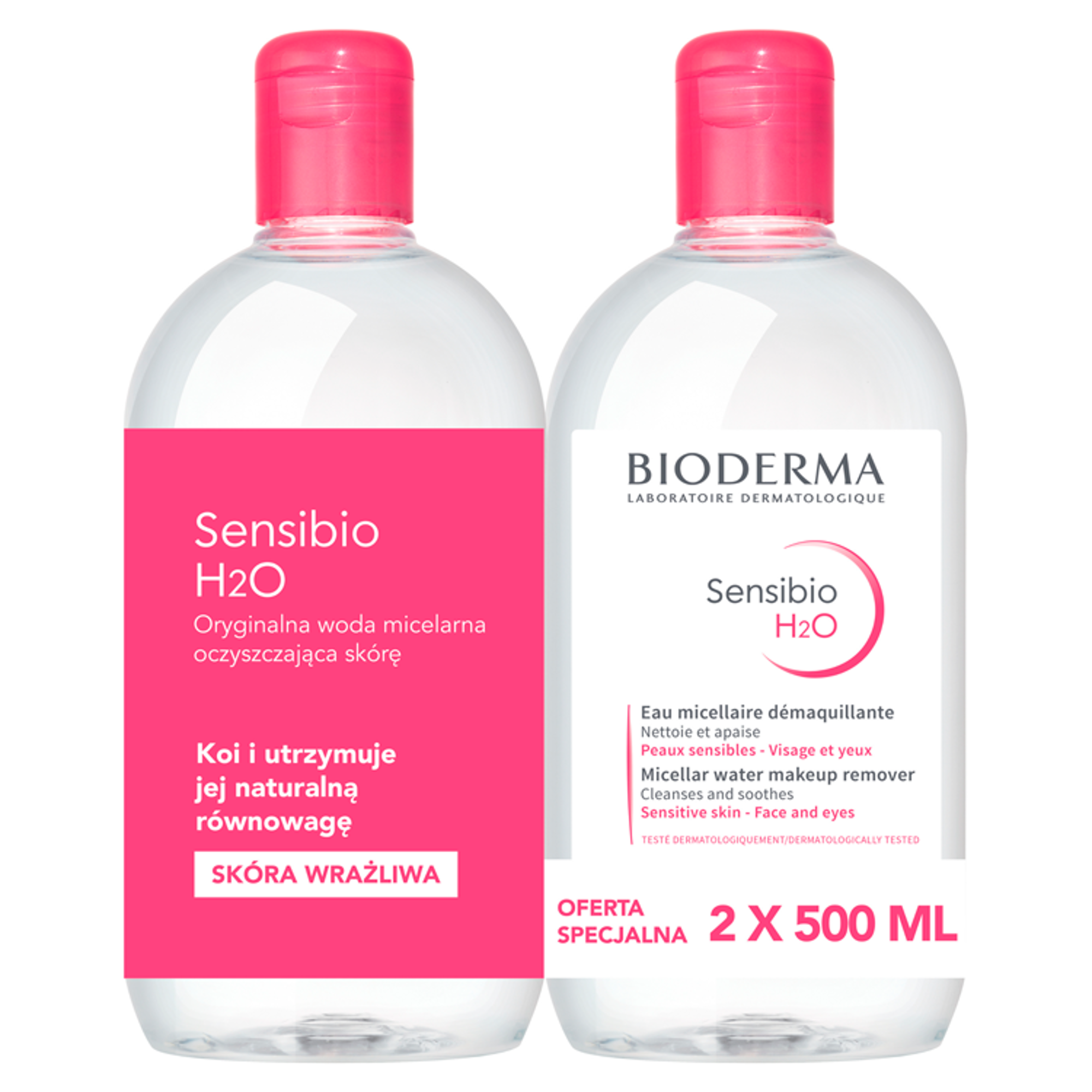 BIODERMA SENSIBIO H2O DUOPACK Płyn micelarny do oczyszczania twarzy i zmywania makijażu, 2 x 500 ml zdjęcie
