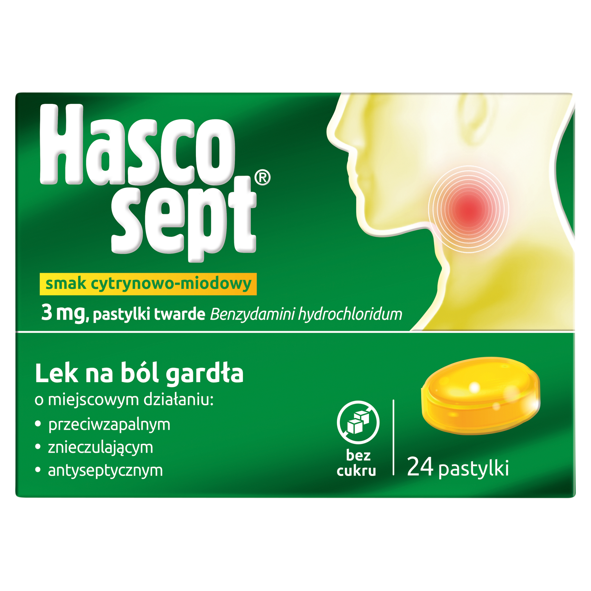 Hascosept smak cytrynowo-miodowy, 24 past. Na ból gardła, cena, opinie, dawkowanie zdjęcie