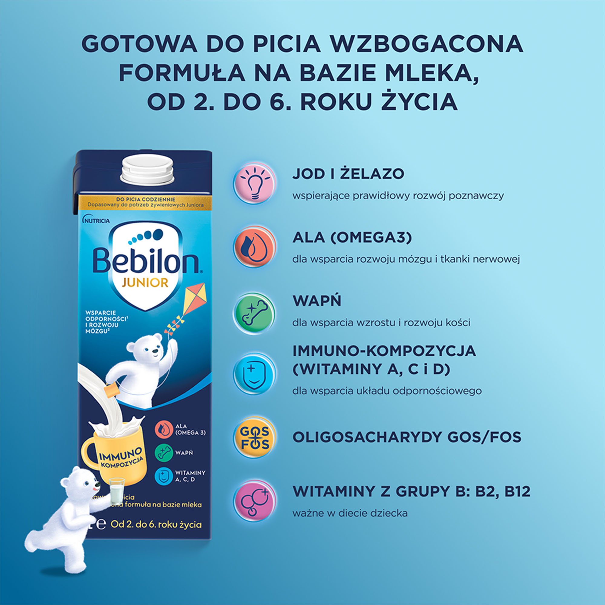 Bebilon Junior Gotowa do picia wzbogacona formuła na bazie mleka od 2. do 6. roku życia, 1 L