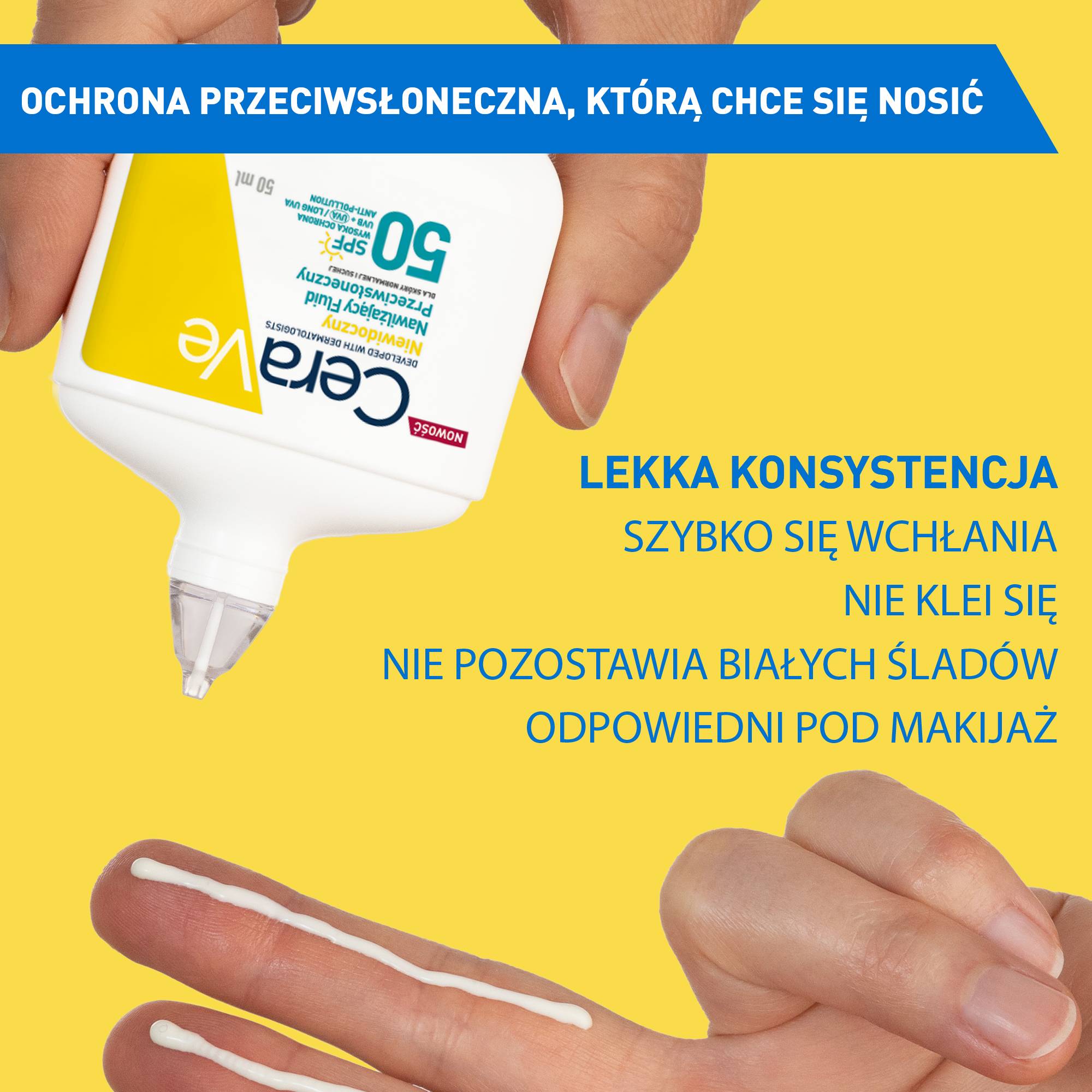 Cerave Sun, niewidoczny nawilżający fluid przeciwsłoneczny do skóry suchej SPF 50, 50 ml