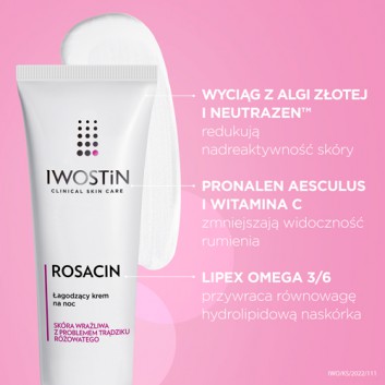 Iwostin Rosacin, krem na noc zmniejszający rumień w trądziku różowatym, 40 ml