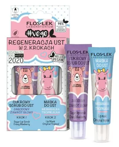 Flos-Lek Vege Lip Care Regeneracja ust w 2 krokach scrub jagodowy zawrót głowy 14 g + maska do ust niebanalna tropikalna 14 g [ZESTAW] zdjęcie