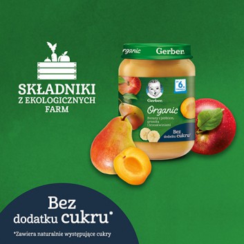 Gerber Organic Banany z jabłkiem, gruszką i brzoskwiniami po 6 miesiącu - 190 g - cena, opinie, wskazania