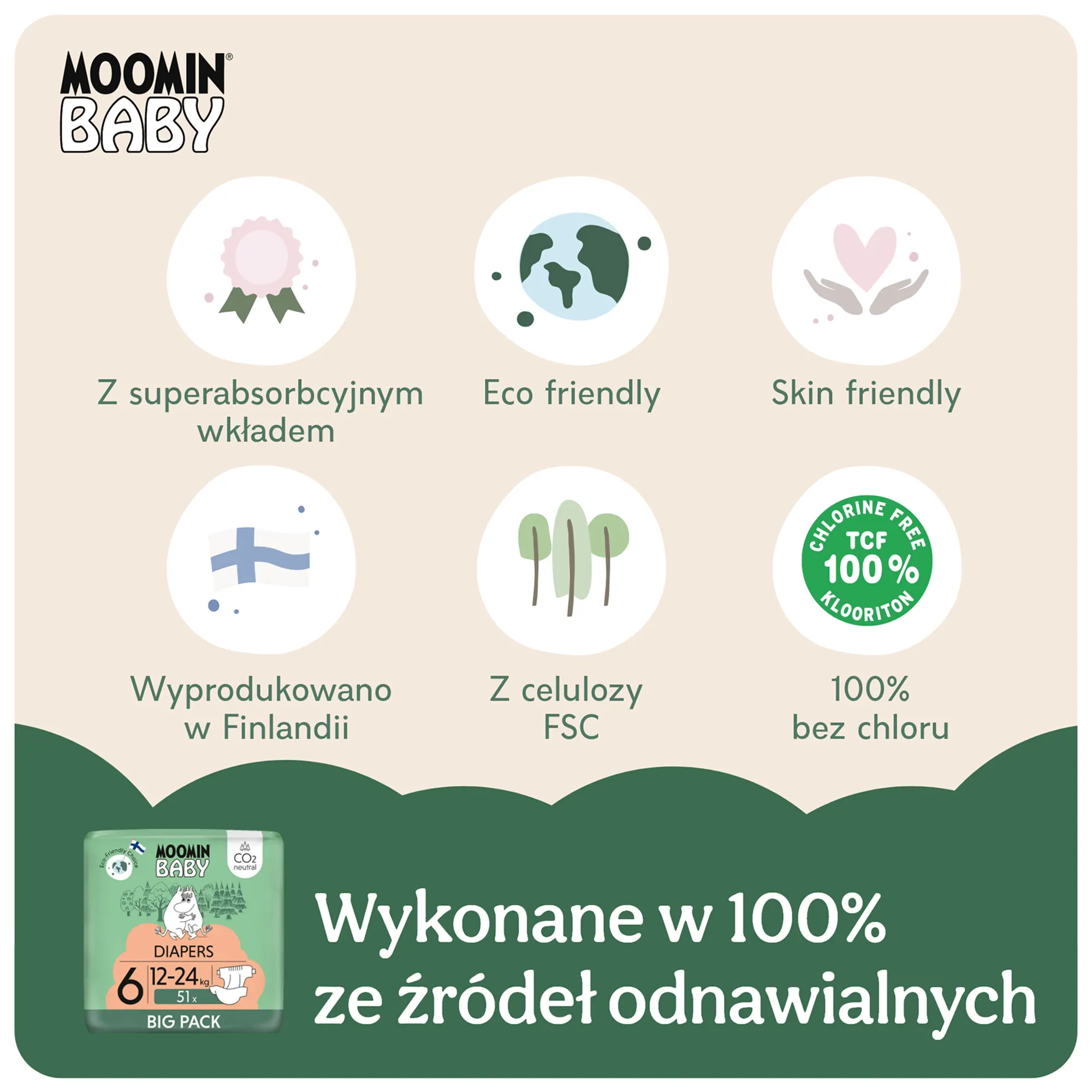 MOOMIN BABY pieluszki ekologiczne 6 (12-24kg) 51 sztuk