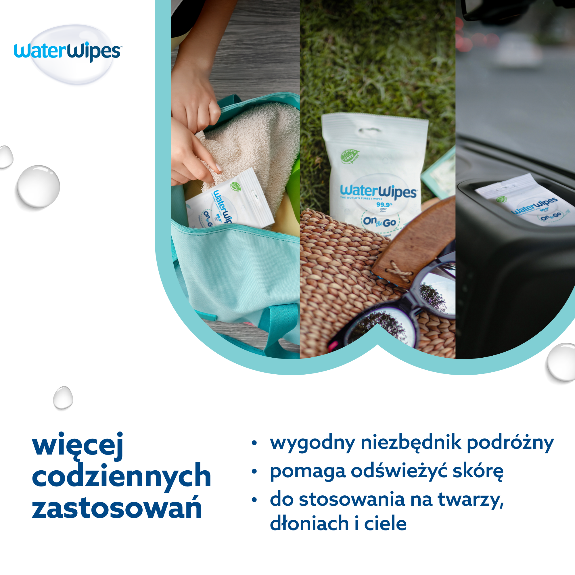 WaterWipes, Chusteczki nawilżane odświeżające OnTheGo, 10 sztuk