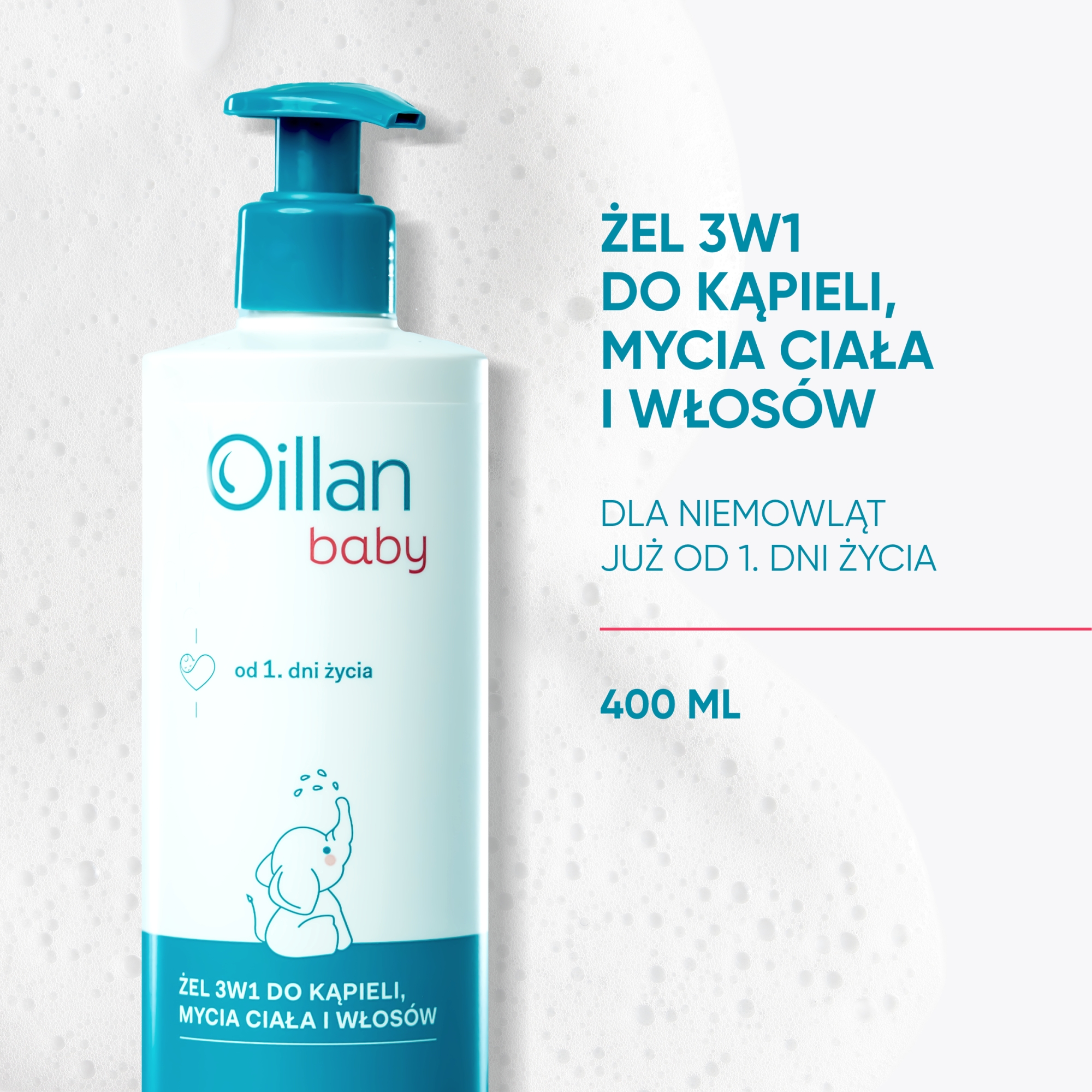 Oillan Baby, żel 3w1 do kąpieli, mycia ciała i włosów, 400 ml