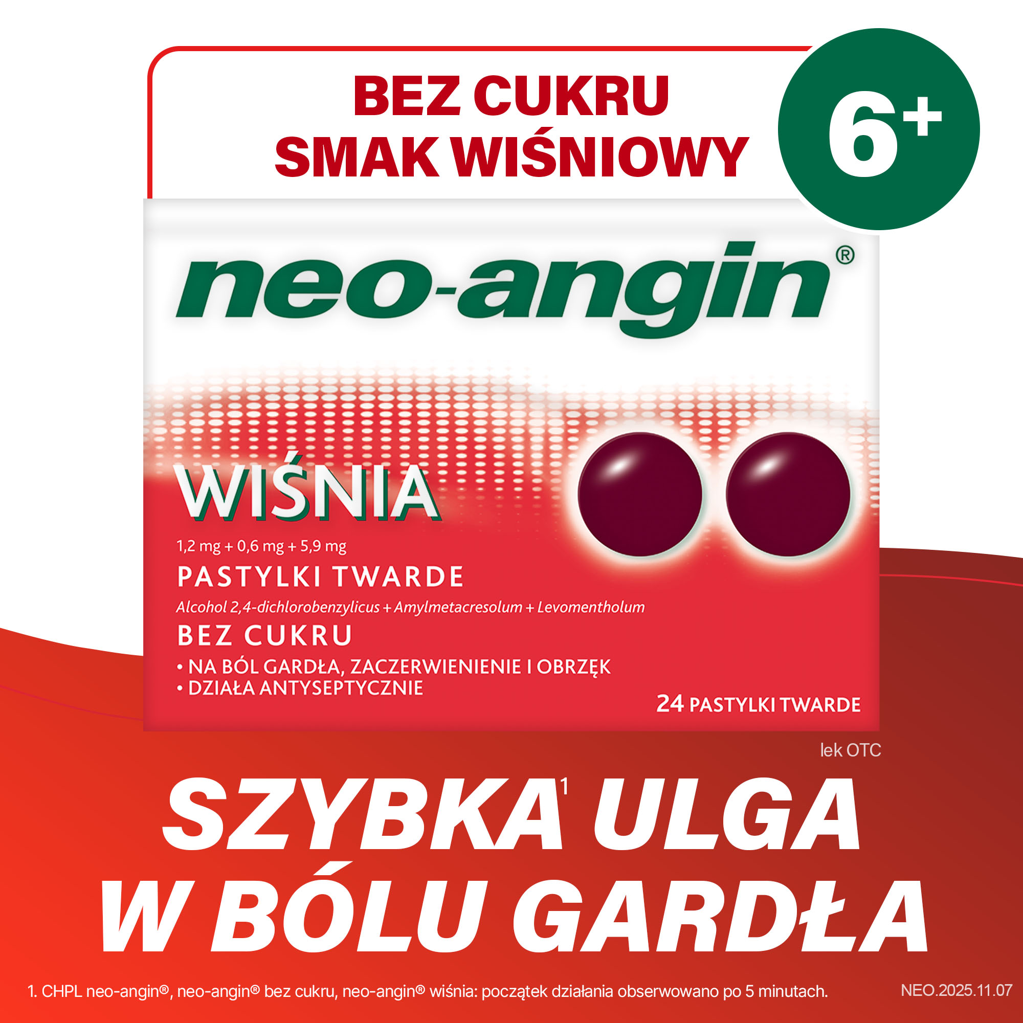 Neo-Angin Wiśnia 1,2 mg + 0,6 mg + 5,9 mg na ból gardła 24 pastylki