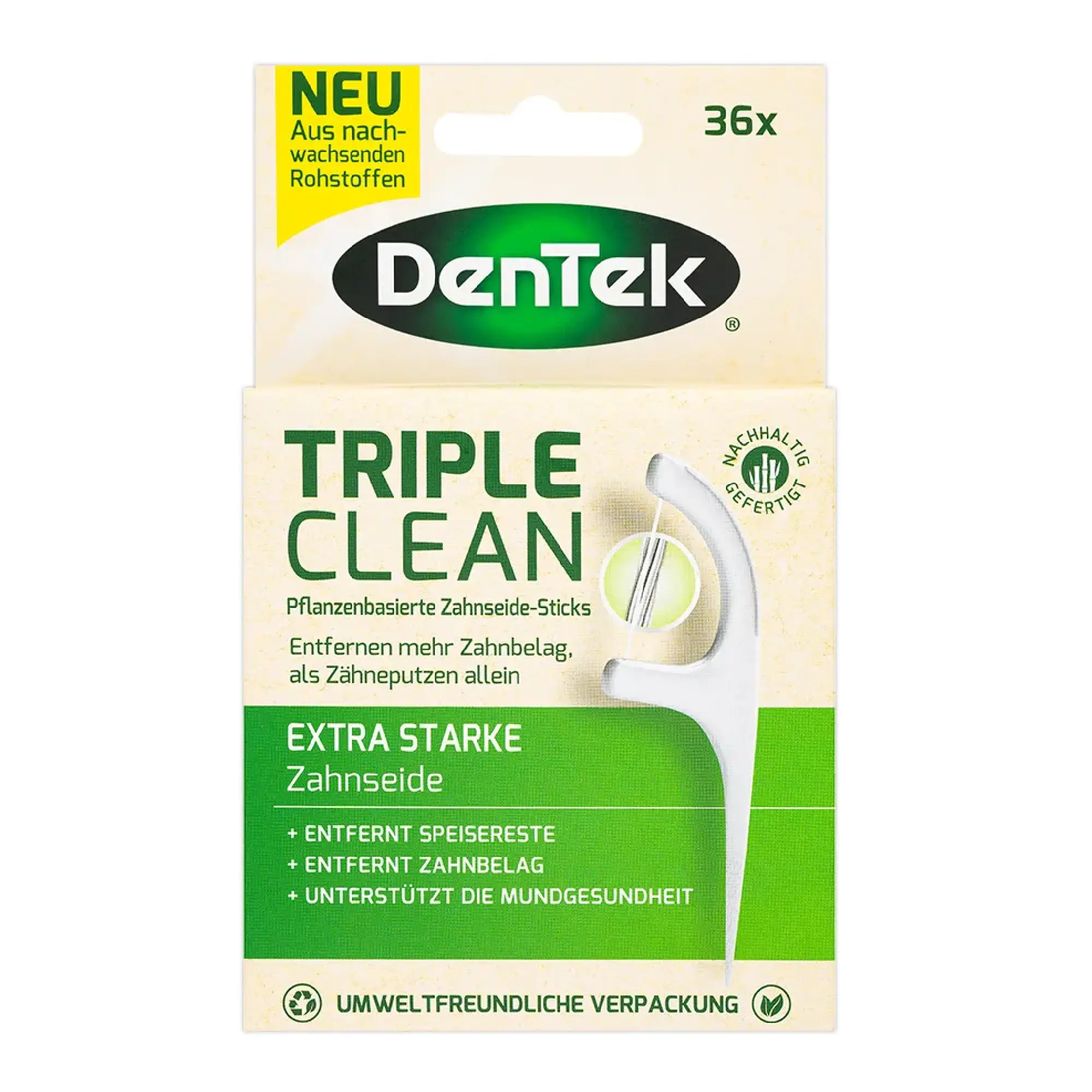 DenTek Eco Triple Clean niciowykałaczki (flossery), ekologiczne wykałaczki stomatologiczne z nicią dentystyczną, 36 sztuk
