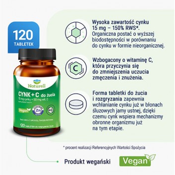 Naturell Cynk + C do żucia, 120 tabletek