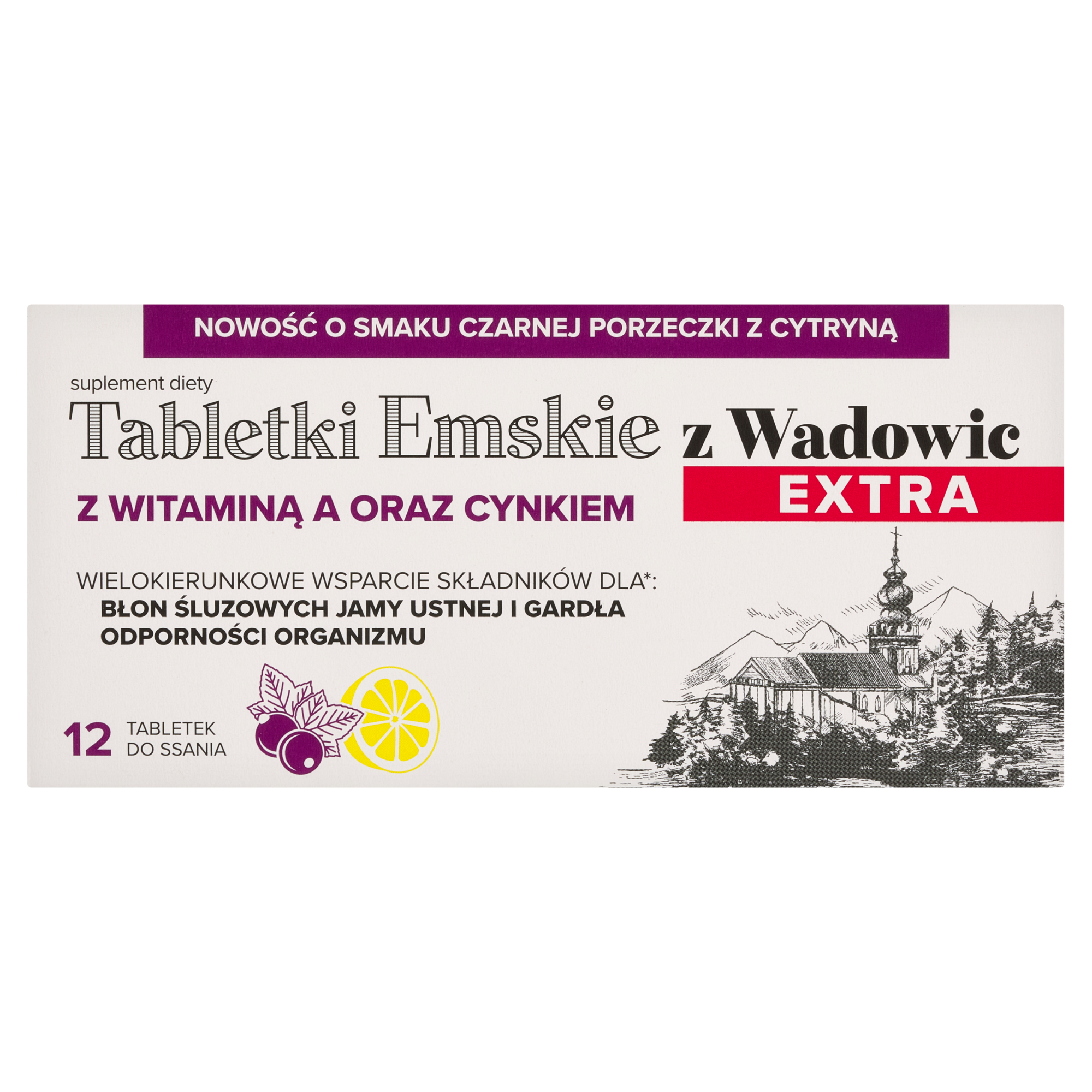 Tabletki Emskie Z Wadowic Extra o smaku czarnej porzeczki z cytryną z witaminą A oraz cynkiem, 12 tabletek do ssania zdjęcie