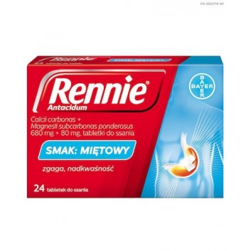 Rennie Antiacidum o smaku miętowym, na zgagę, refluks i niestrawność, 24 tabletki do ssania
