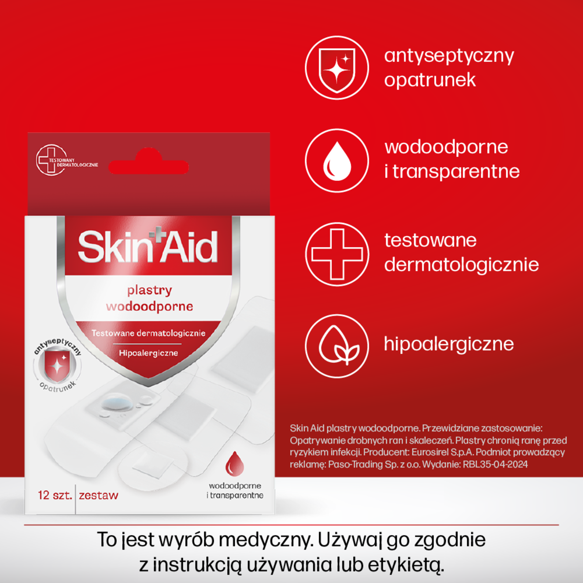 Skin Aid, zestaw plastrów wodoodporny, 12 sztuk