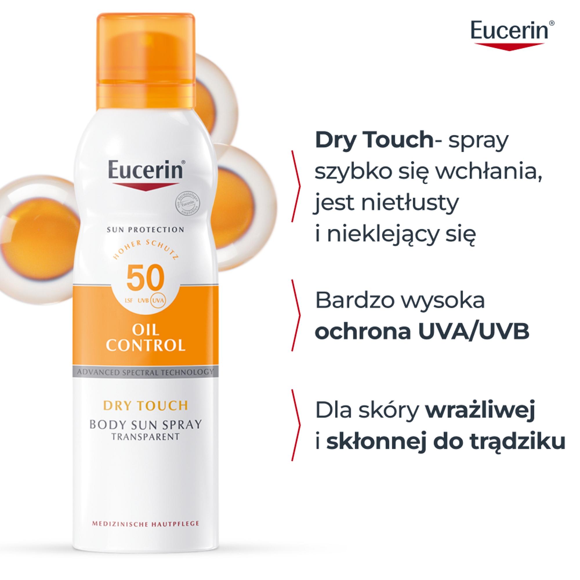 Eucerin Oil Control SPF 50, Transparentny spray ochronny do ciała, 200 ml