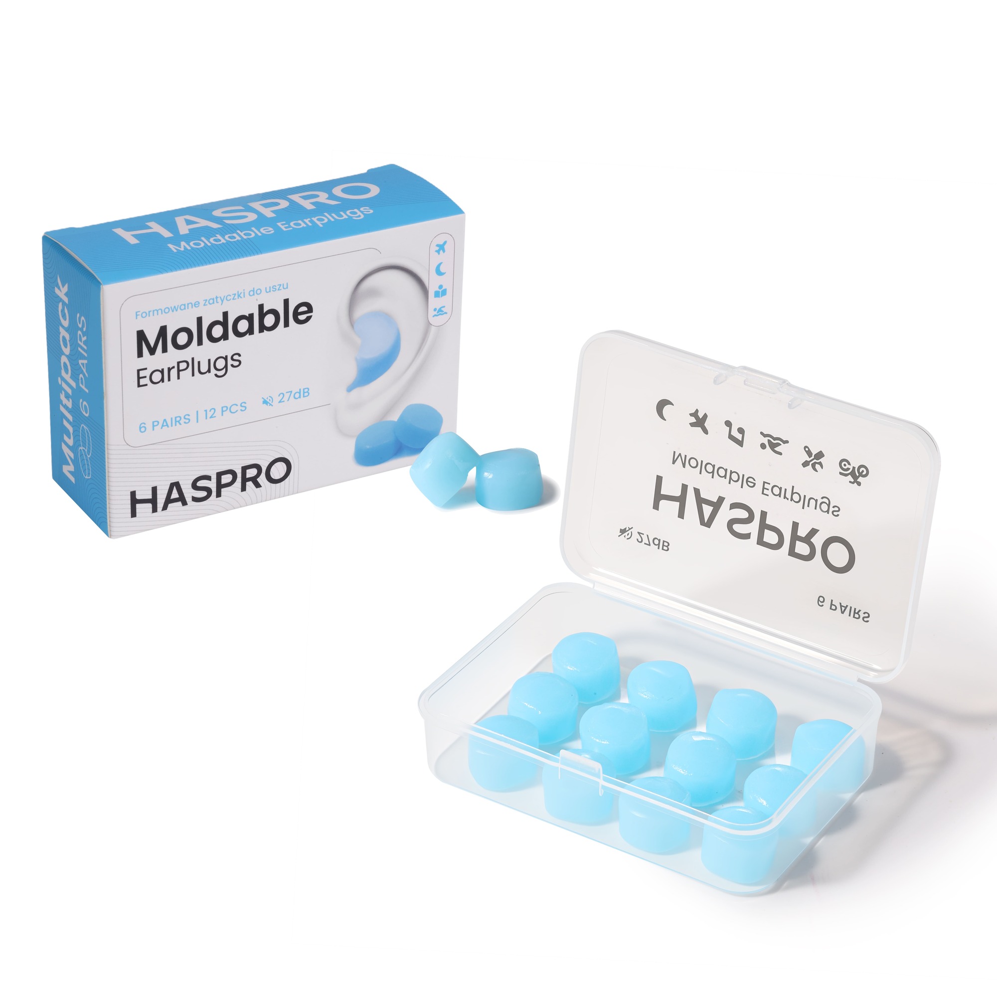 Haspro Moldable Earplugs 27 dB Formowane zatyczki do uszu kolor niebieski, 6 par/12 sztuk