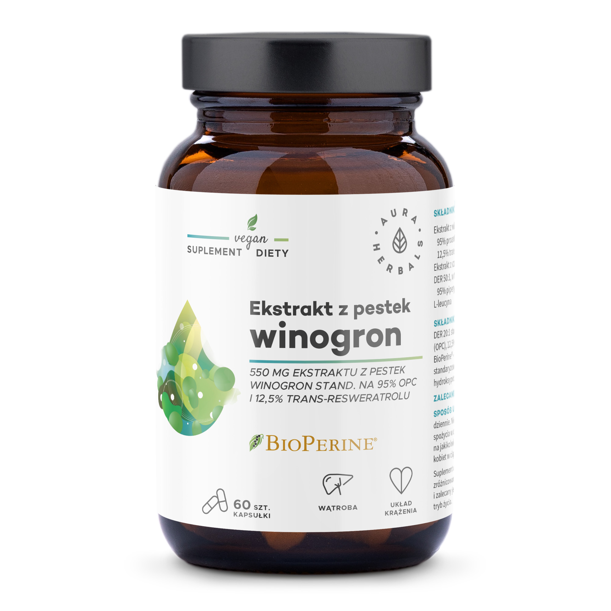 AURA HERBALS Ekstrakt z pestek winogron 550 mg, 95% OPC, 60 kapsułek zdjęcie