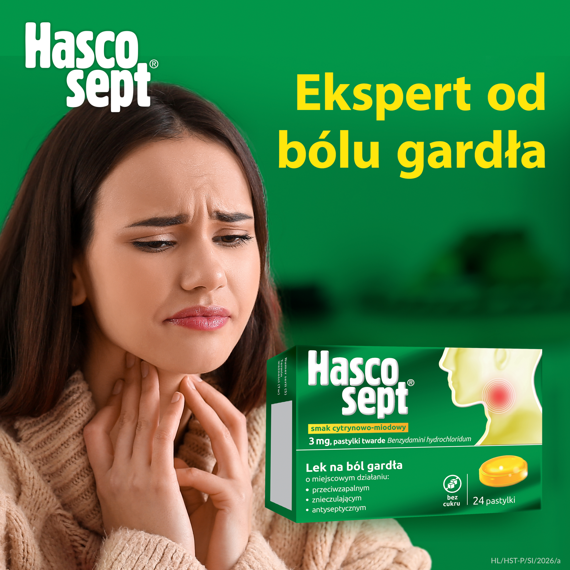 Hascosept smak cytrynowo-miodowy, 24 past. Na ból gardła, cena, opinie, dawkowanie