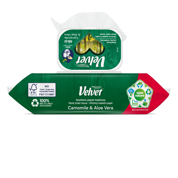 Velvet Rumianek i Aloes, Nawilżany papier toaletowy, 48 sztuk