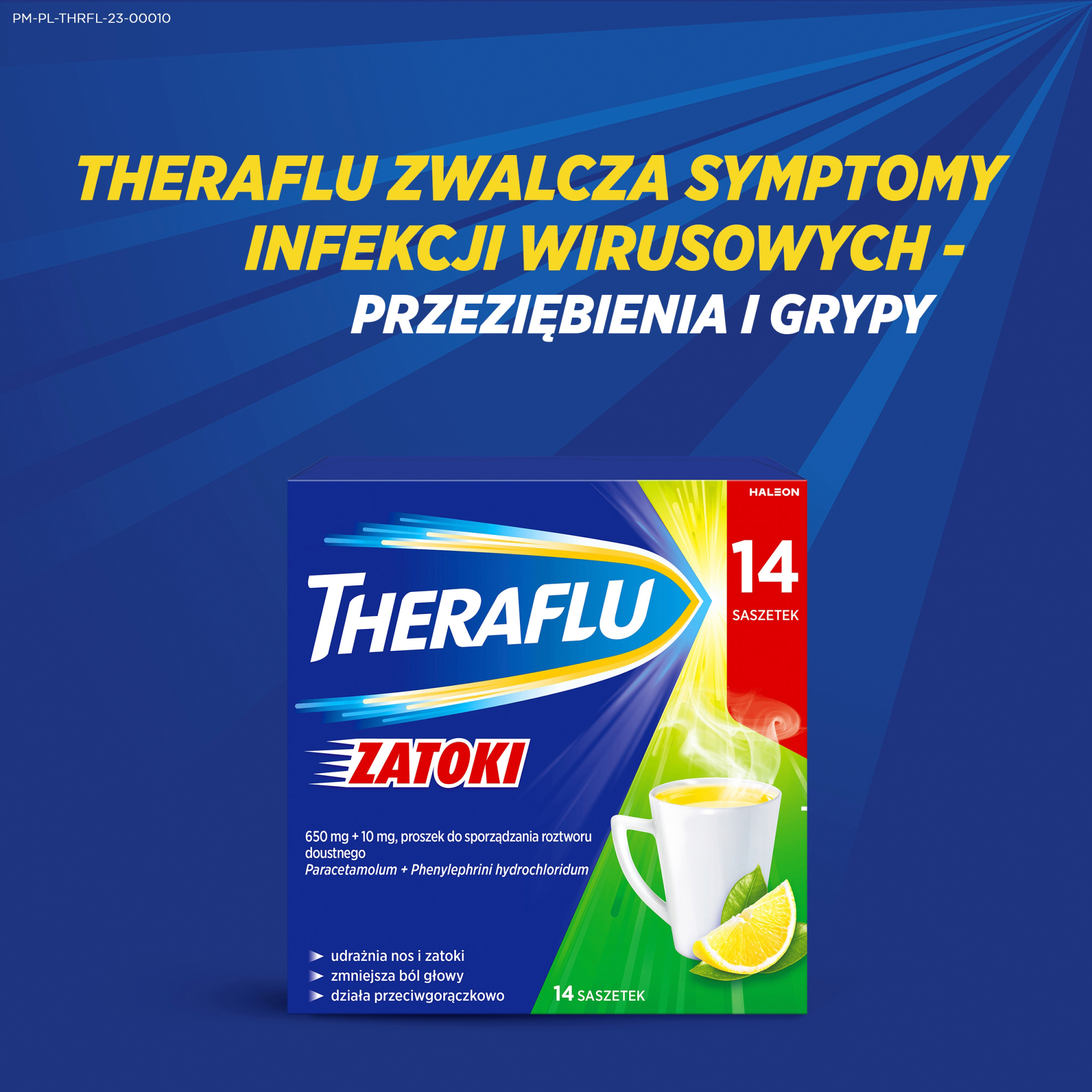 Theraflu Zatoki, 650 mg+10 mg, proszek do sporządzenia roztworu doustnego, saszetki, 14 sztuk