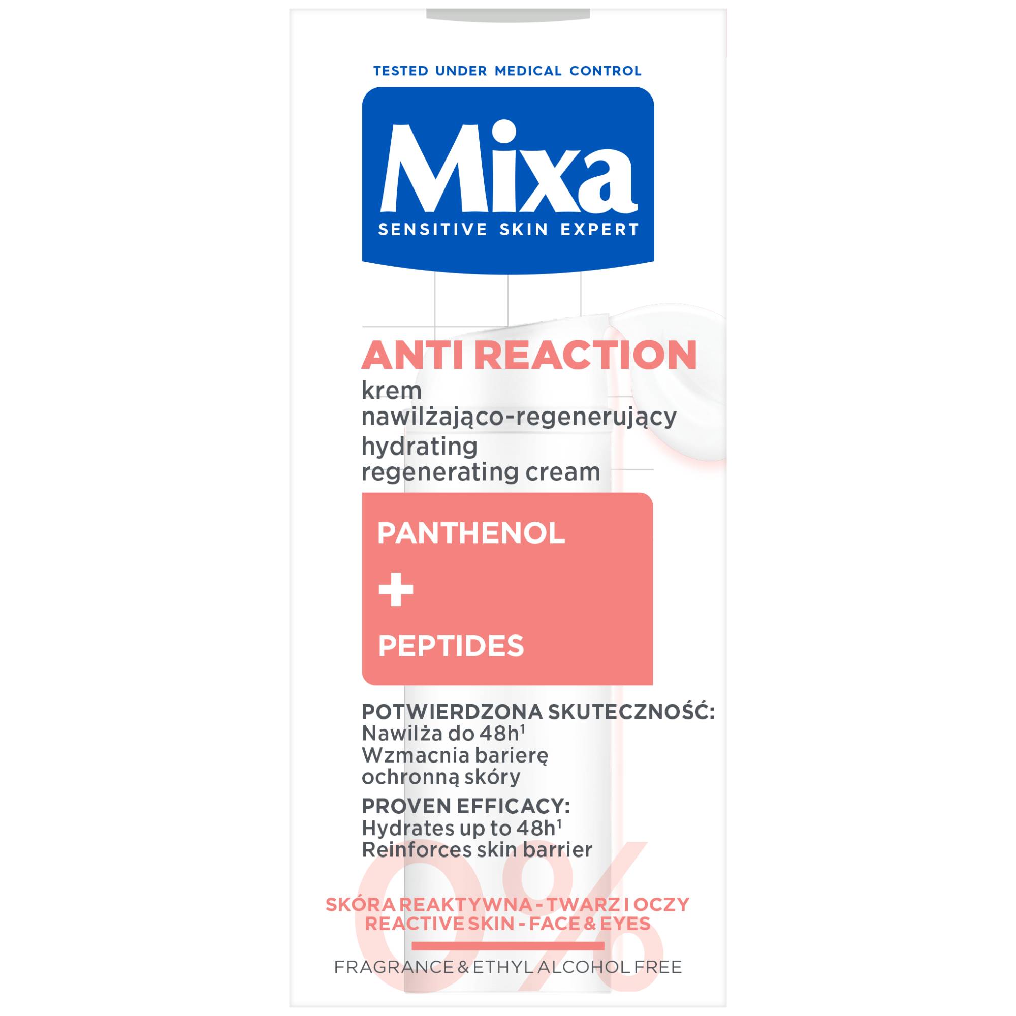 Mixa Anti Reaction Nawilżająco - regenerujący krem przeciw zaczerwienieniom dla skóry reaktywnej, 50 ml