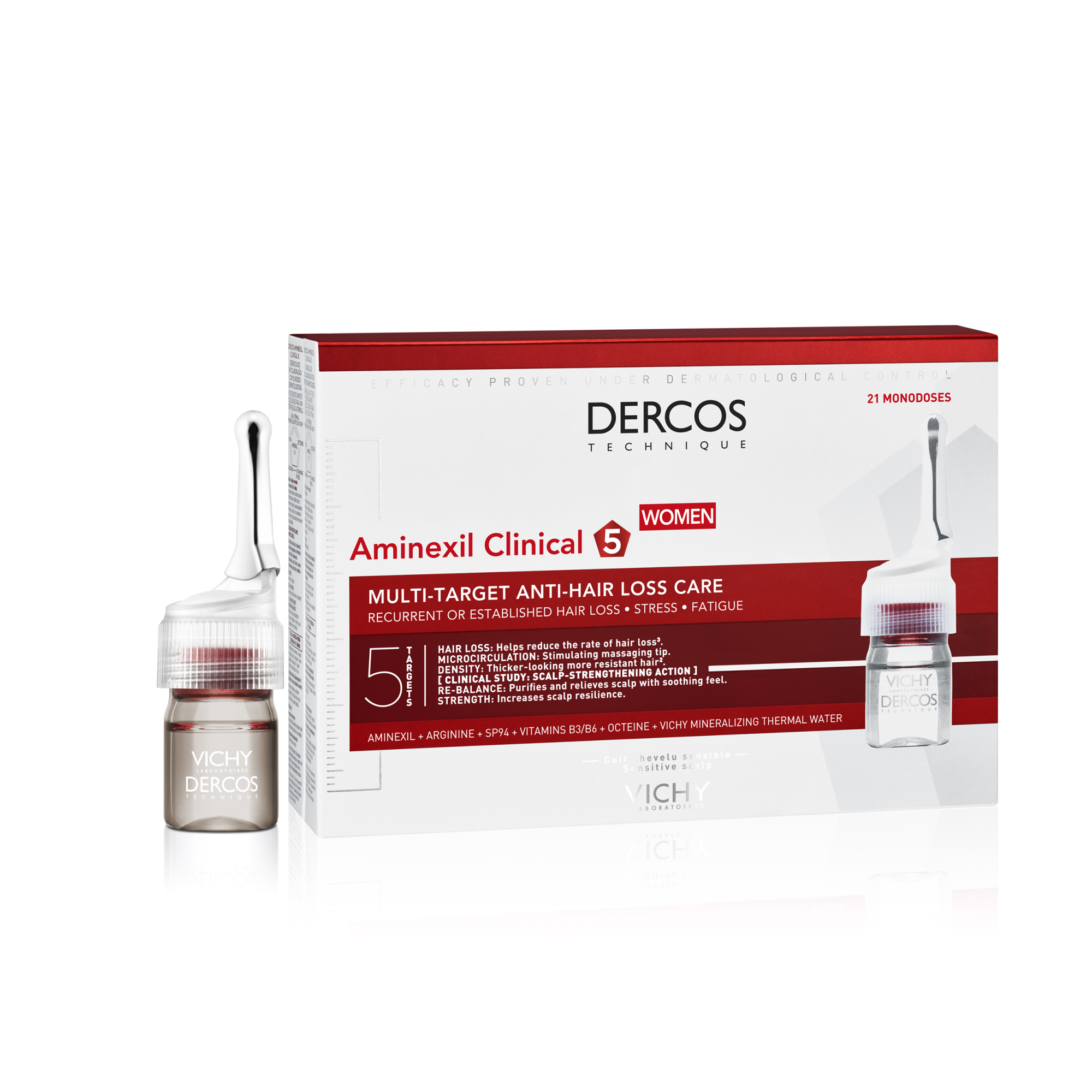 Vichy Dercos Aminexil Clinical 5, kuracja przeciw wypadaniu włosów dla kobiet, 6 ml, 21 ampułek zdjęcie