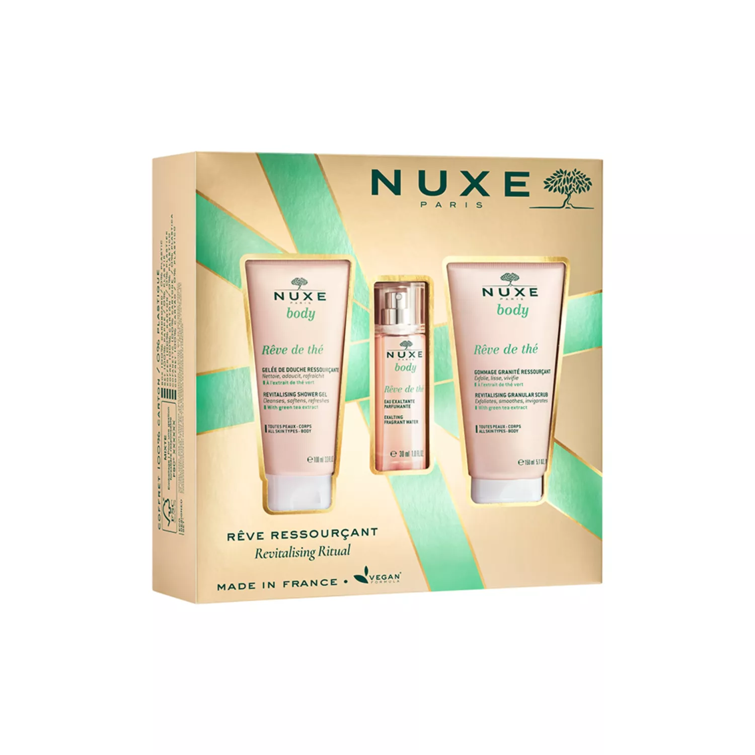 Nuxe Body Reve de the, rewitalizujący żel pod prysznic 100 ml + rewitalizujący peeling do ciała 150 ml + woda zapachowa 30 ml zdjęcie