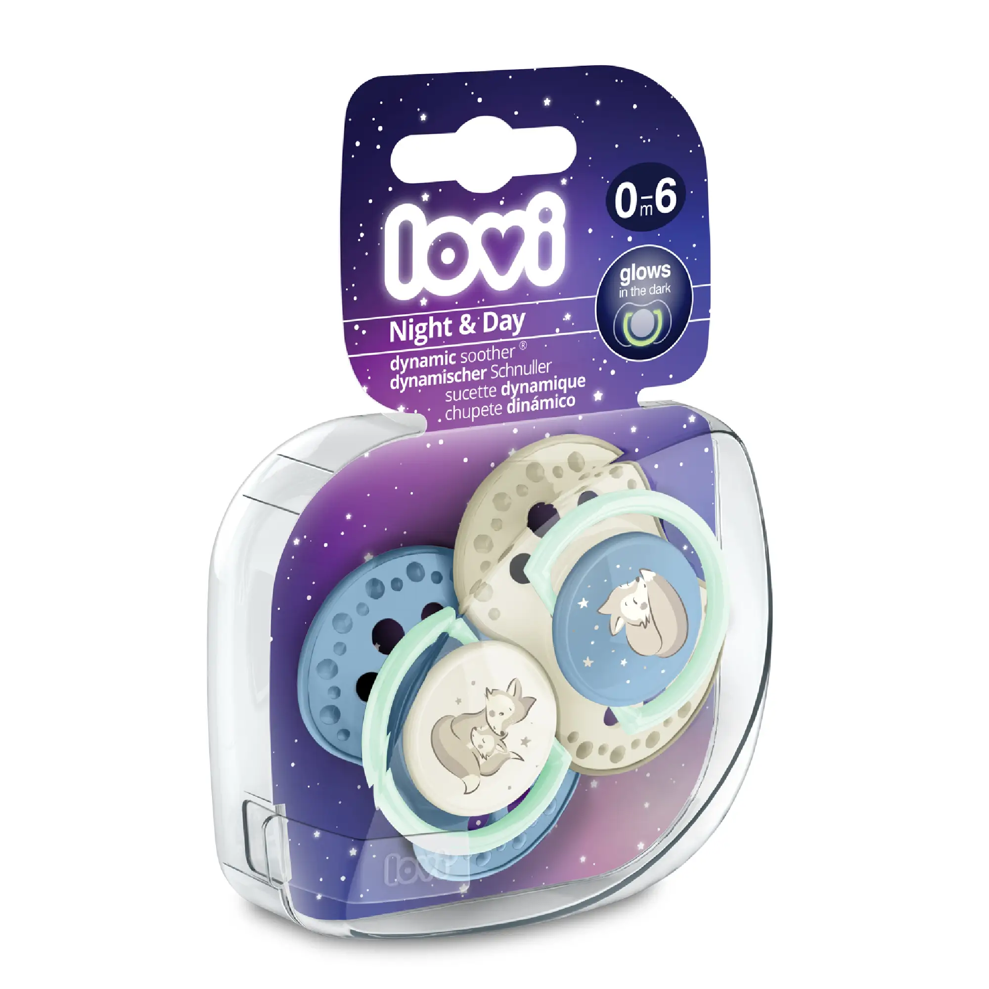 Smoczek silikonowy dynamiczny LOVI 0-6m Night&Day Boy 22/913, 2 sztuki zdjęcie