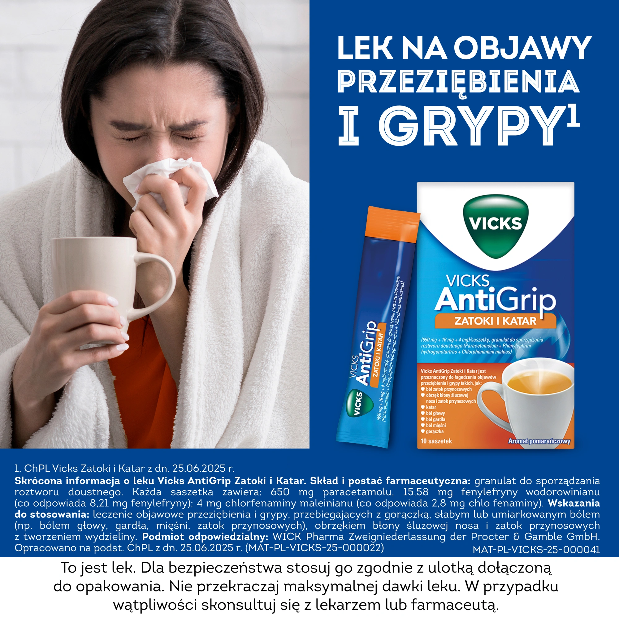 Vicks AntiGrip 650 mg + 16 mg + 4 mg o aromacie pomarańczowym 10 saszetek