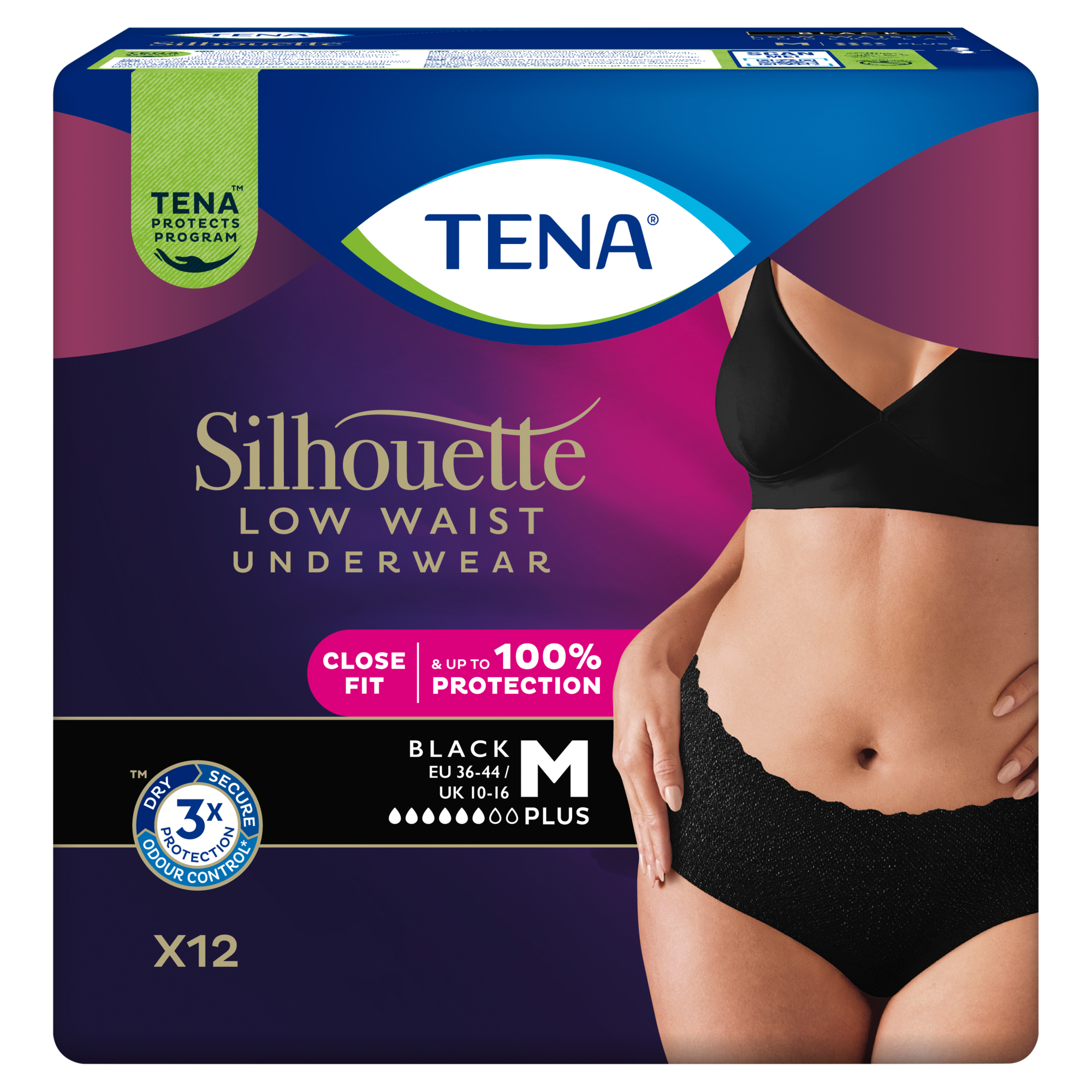 TENA Silhouette Plus majtki chłonne z niskim stanem, Black, rozmiar M, 12 sztuk zdjęcie