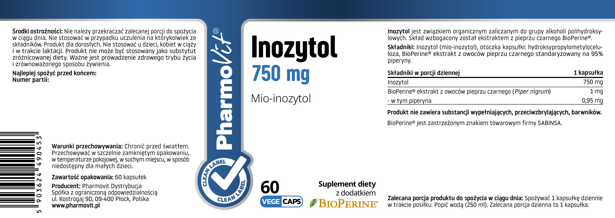 PharmoVit Inozytol 750 mg Mio-inozytol, 60 kapsułek