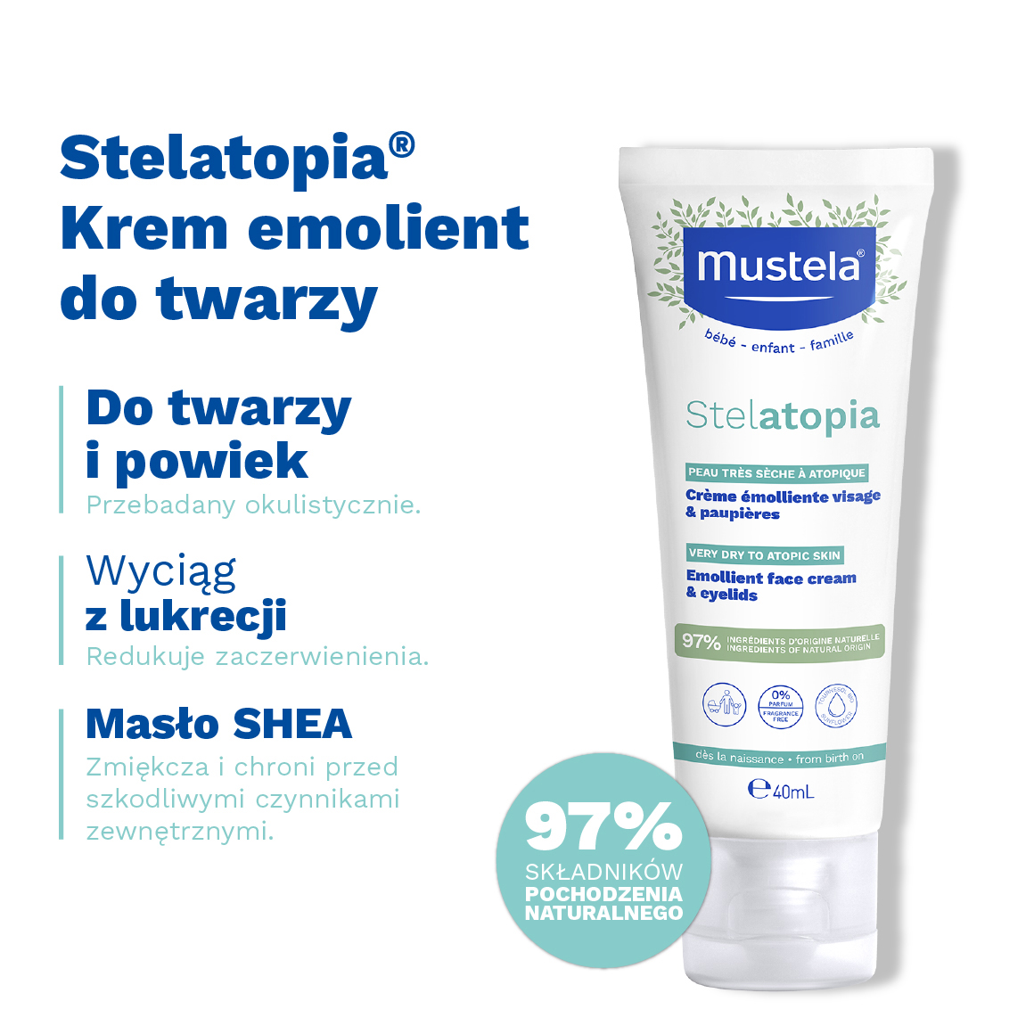 Mustela Stelatopia, Krem emolient do twarzy, 40 ml