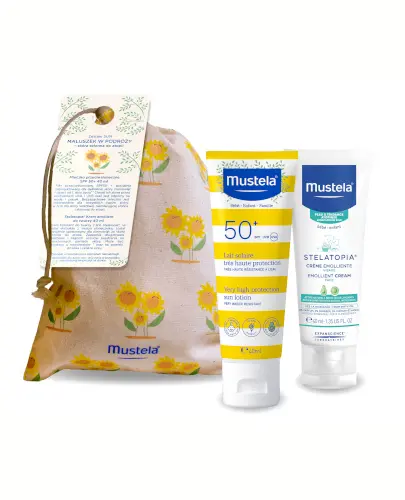 Mustela Sun maluszek w podróży mleczko przeciwsłoneczne SPF 50+ 40 ml + Stelatopia krem emolient do twarzy 40 ml [ZESTAW] zdjęcie