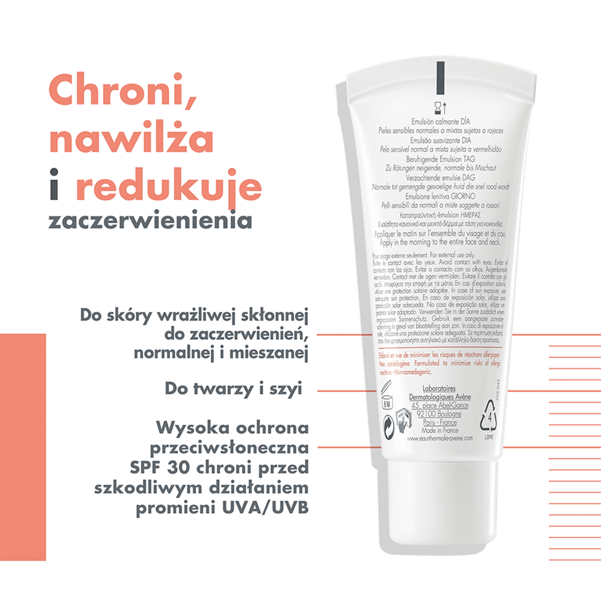 Avene Antirougeurs Jour/Day SPF 30 Emulsja kojąca SPF 30 skóra wrażliwa, normalna i mieszana, skłonna do zaczerwienienia, 40 ml
