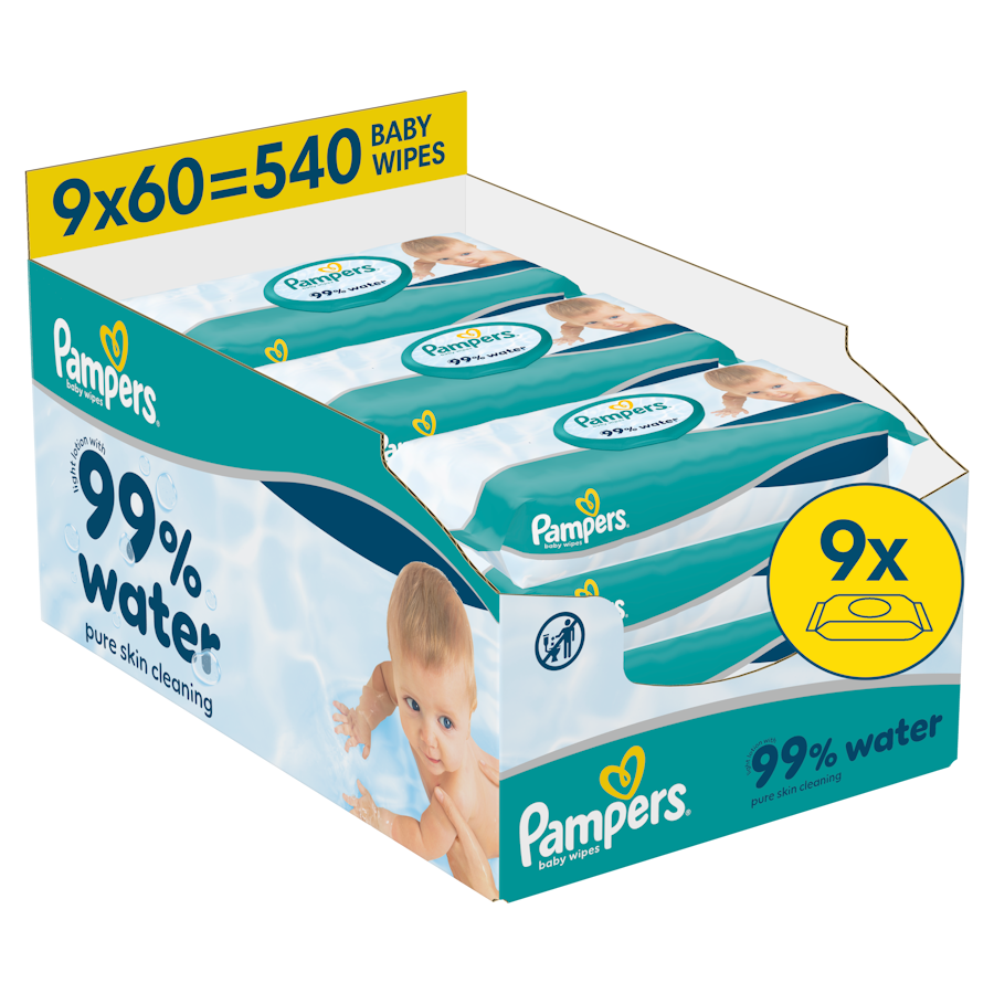 Pampers 99% Water, chusteczki nawilżane dla dzieci, 9 x 60 sztuk zdjęcie