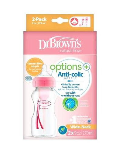 Dr Brown's Butelka różowa Options+ szeroka szyjka 270 ml - 2 szt. Do karmienia niemowląt - cena, opinie, stosowanie  zdjęcie