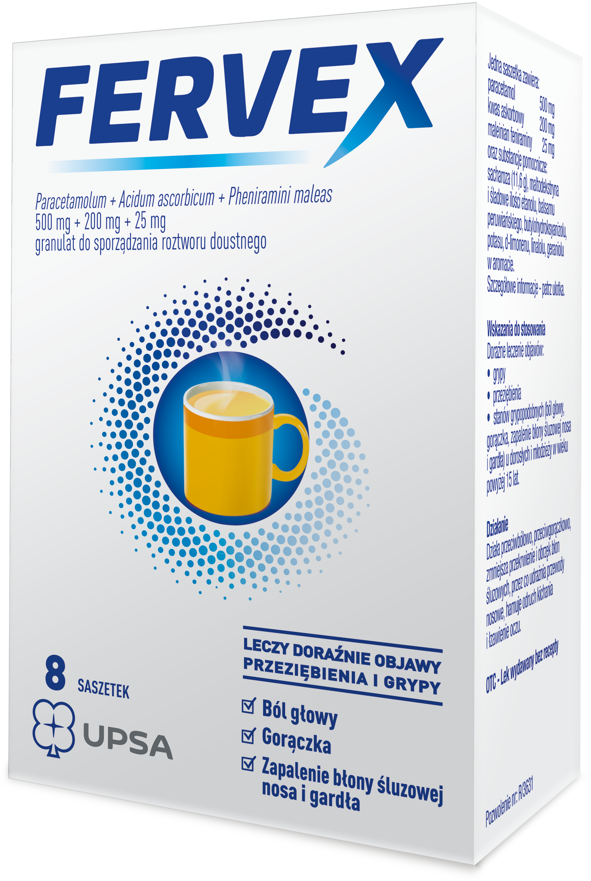 Fervex 500 mg + 25 mg + 200 mg lek na objawy przeziębienia i grypy smak cytrynowy 8 saszetek zdjęcie