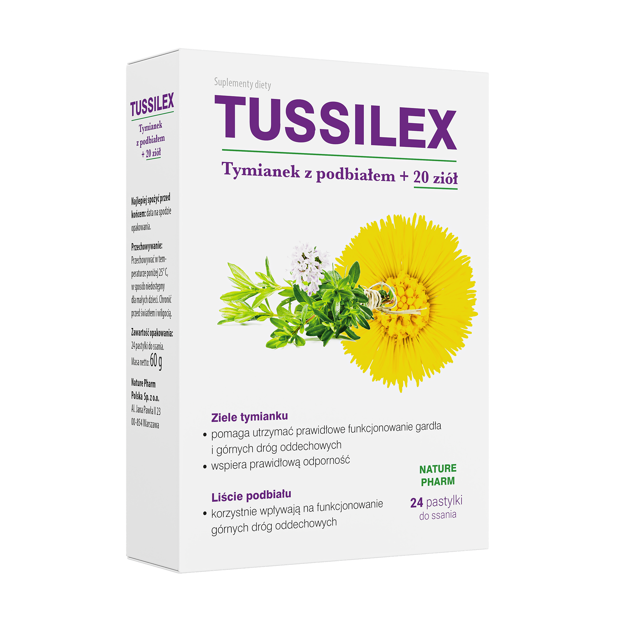 Tussilex Tymianek Z Podbiałem + 20 Ziół, pastylki do ssania, 24 sztuki