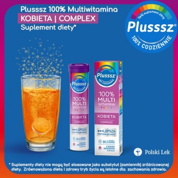 Plusssz 100% Multiwitamina Kobieta Complex smak malina-pomarańcza 20 tabletek musujących