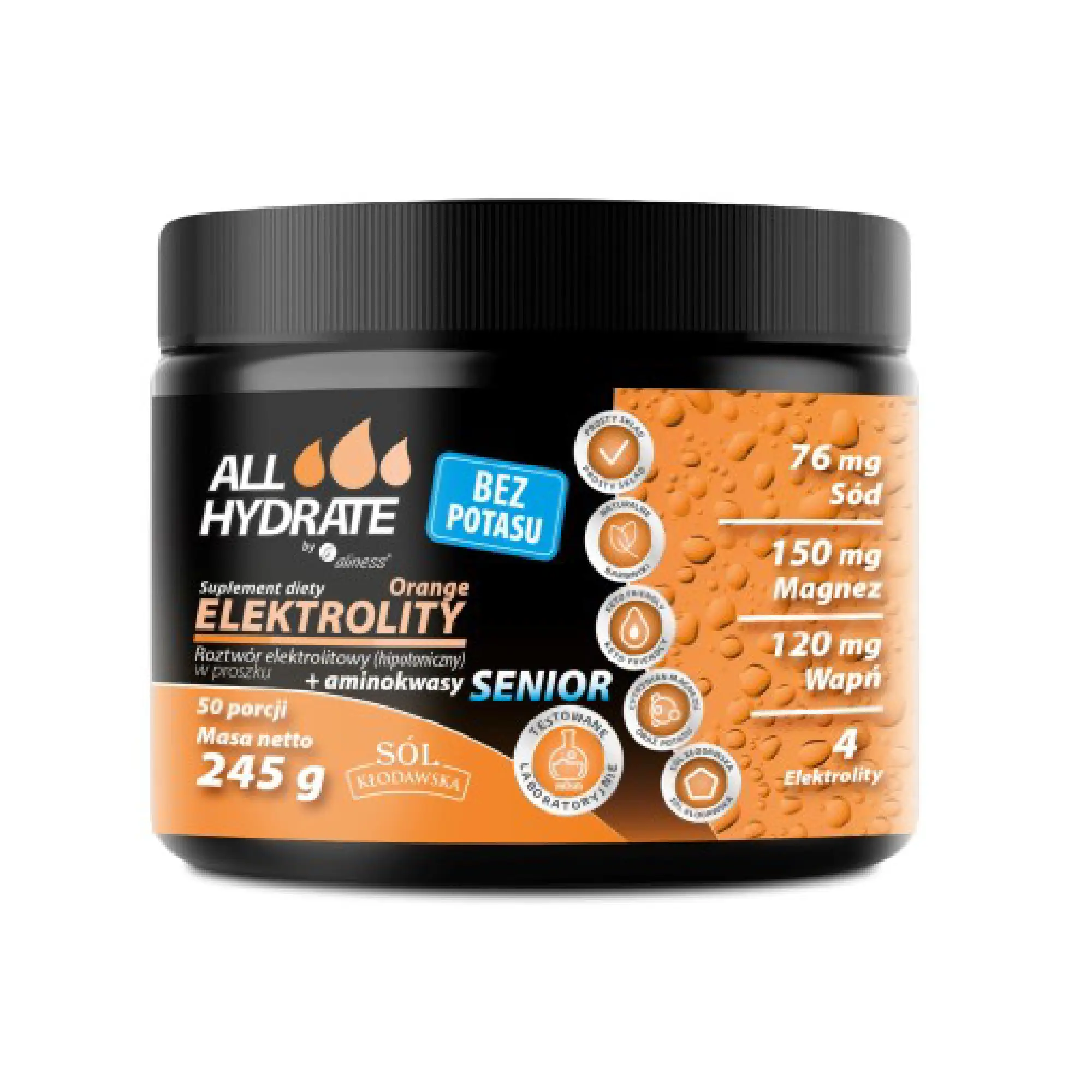ALLHydrate, Elektrolity Senior Bez potasu Orange  245 g, 50 porcji zdjęcie