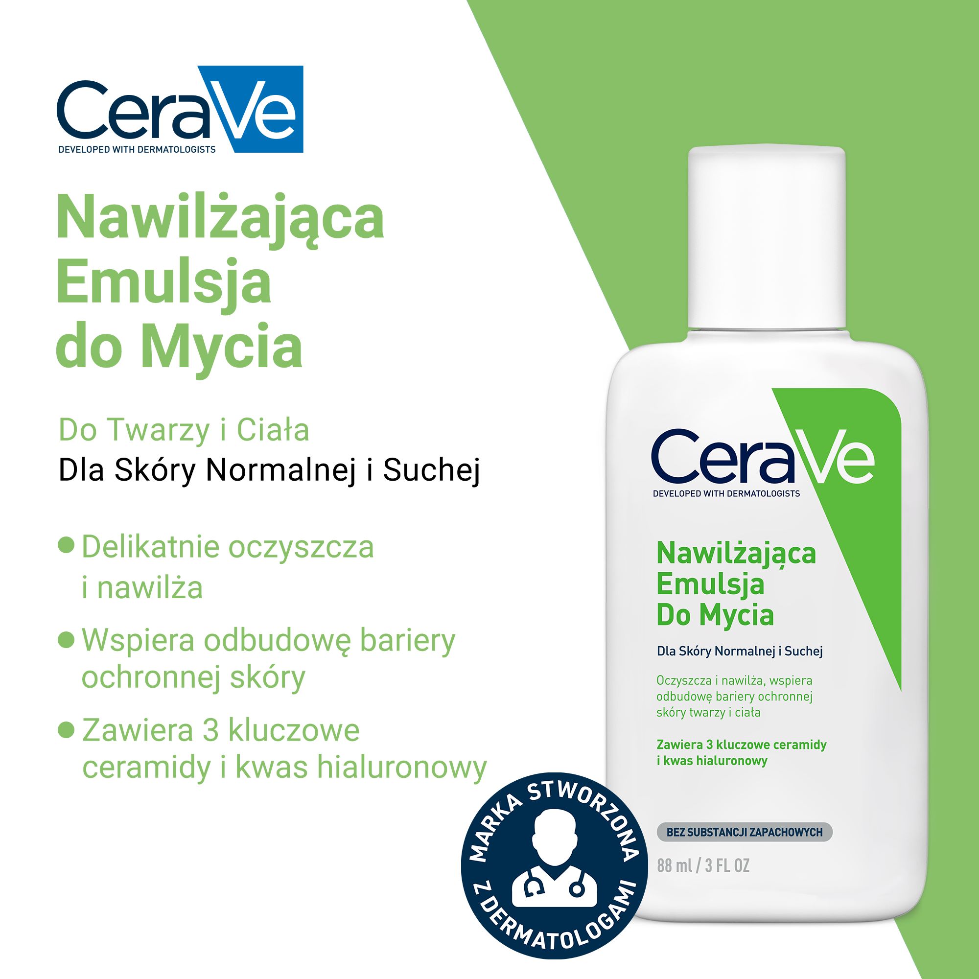 Cerave, Nawilżająca, emulsja do mycia z ceramidami dla skóry suchej i bardzo suchej, 88 ml