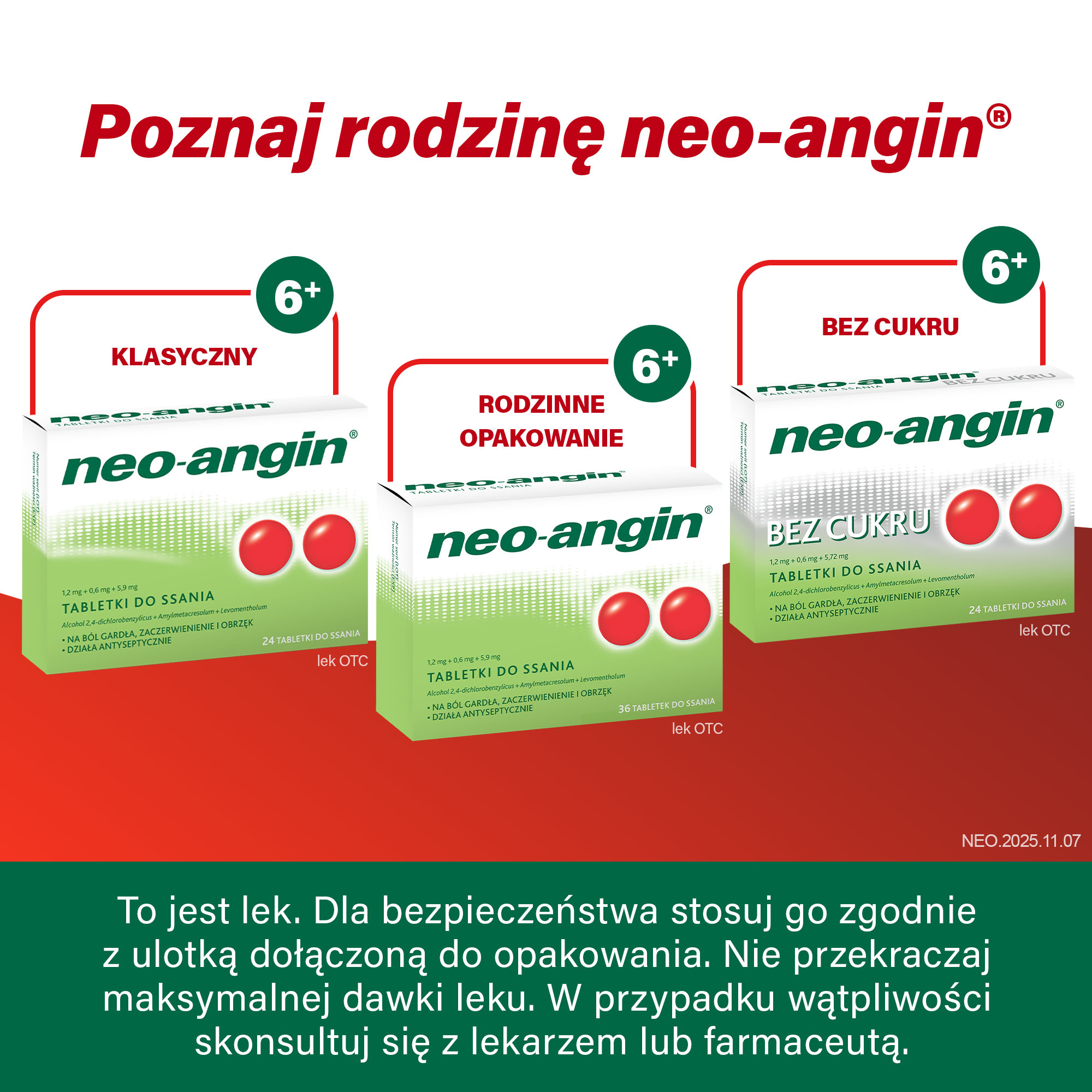 Neo-Angin Wiśnia 1,2 mg + 0,6 mg + 5,9 mg na ból gardła 24 pastylki