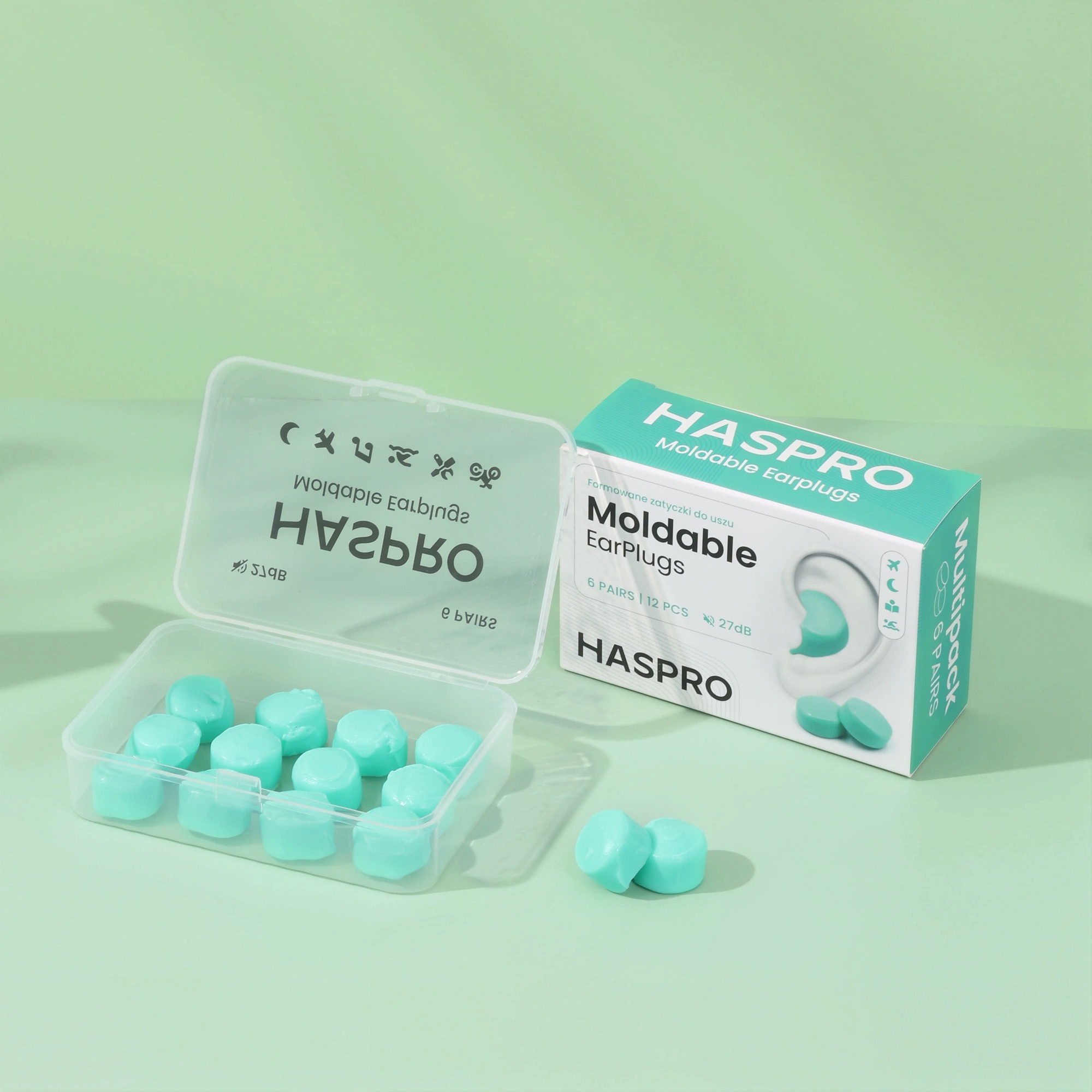 Zatyczki do uszu formowane wielorazowe Haspro Moldable EarPlugs zielone 6 par