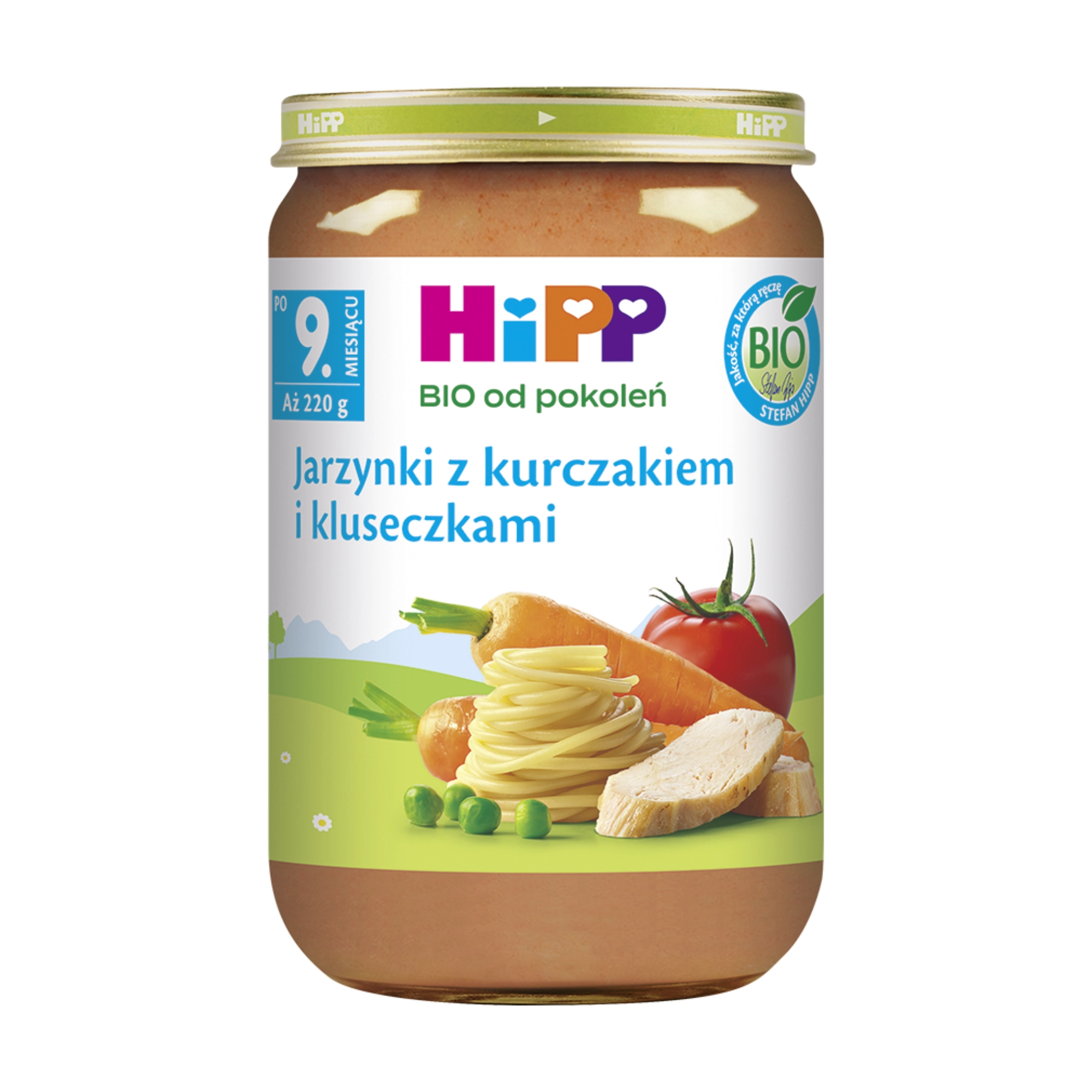 HiPP BIO od pokoleń, Jarzynki z kurczakiem i kluseczkami, po 9. m-cu, 220 g