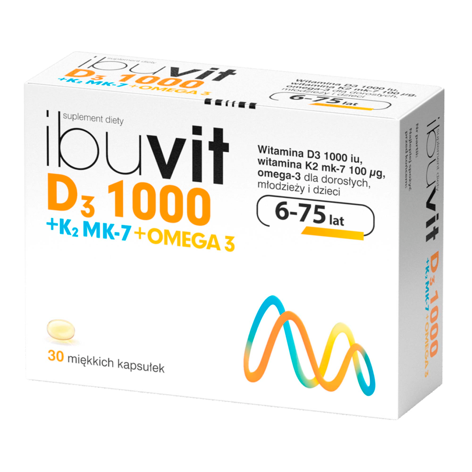 IbuVit D3 + K2 MK-7 1000 Omega-3 witamina D3 dla dzieci 6+, młodzieży i dorosłych 30 kapsułek