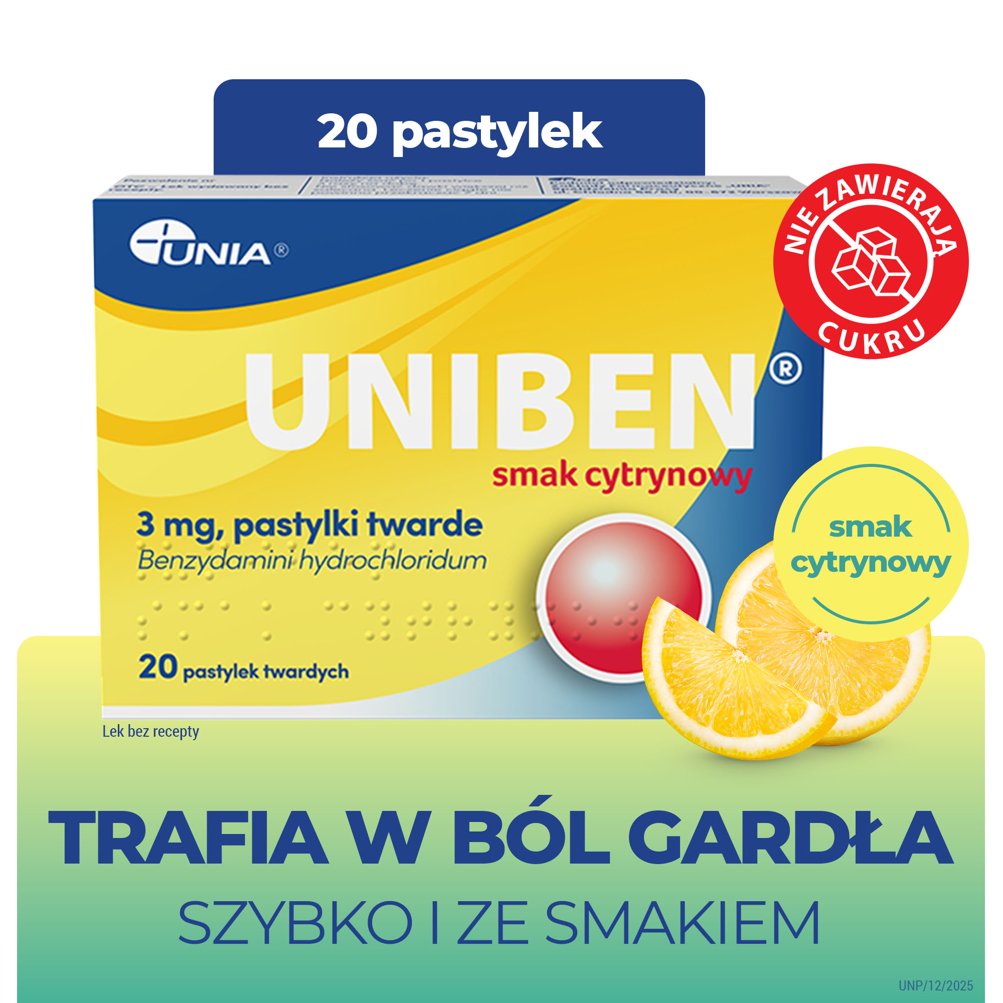 Uniben smak cytrynowy, 3 mg, pastylki twarde, 20 sztuk