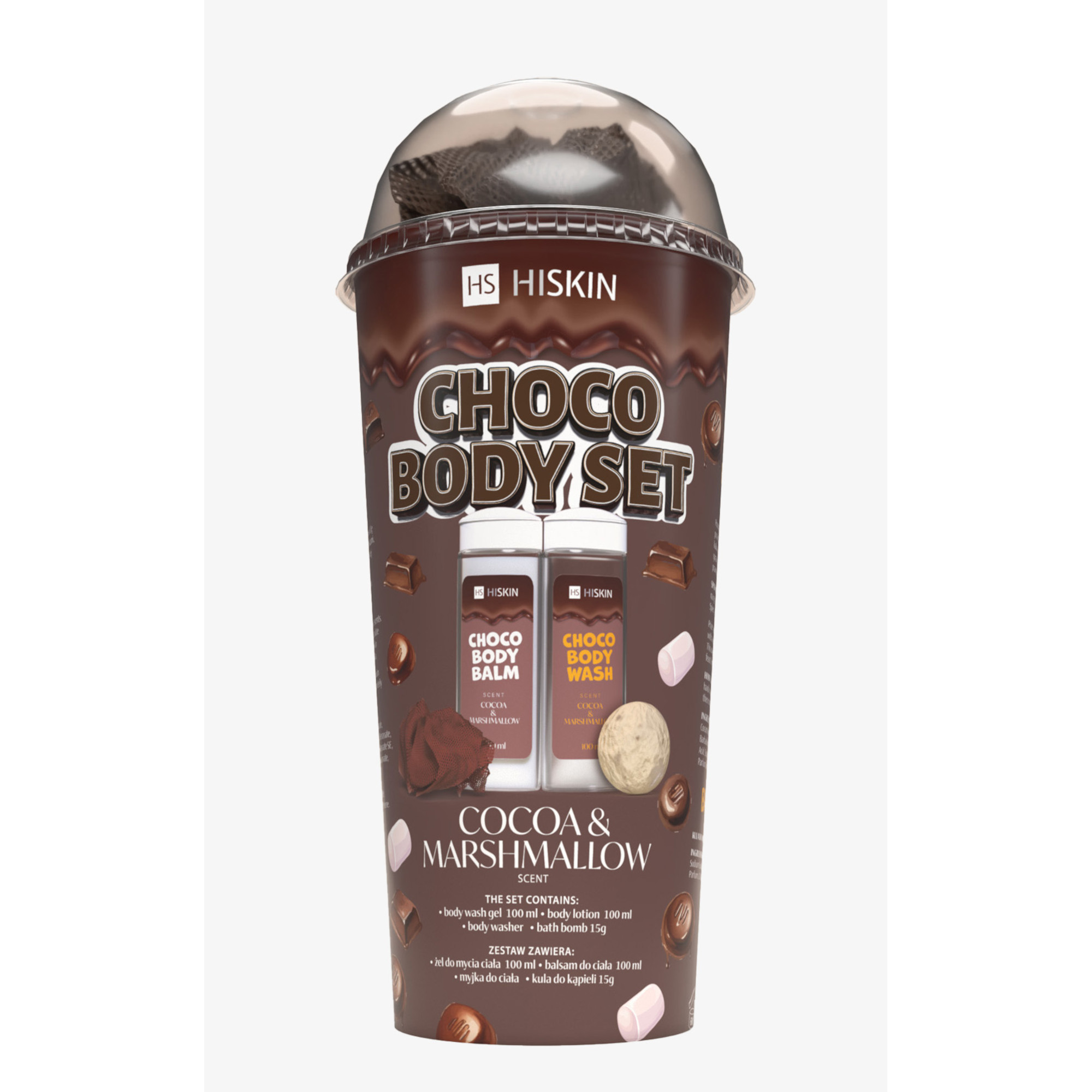 Hiskin Choco Body Set czekoladowy zestaw, żel pod prysznic, 100 ml, balsam do ciała, 100 ml, myjka, 1 sztuka, mini kula do kąpieli, 15 g zdjęcie