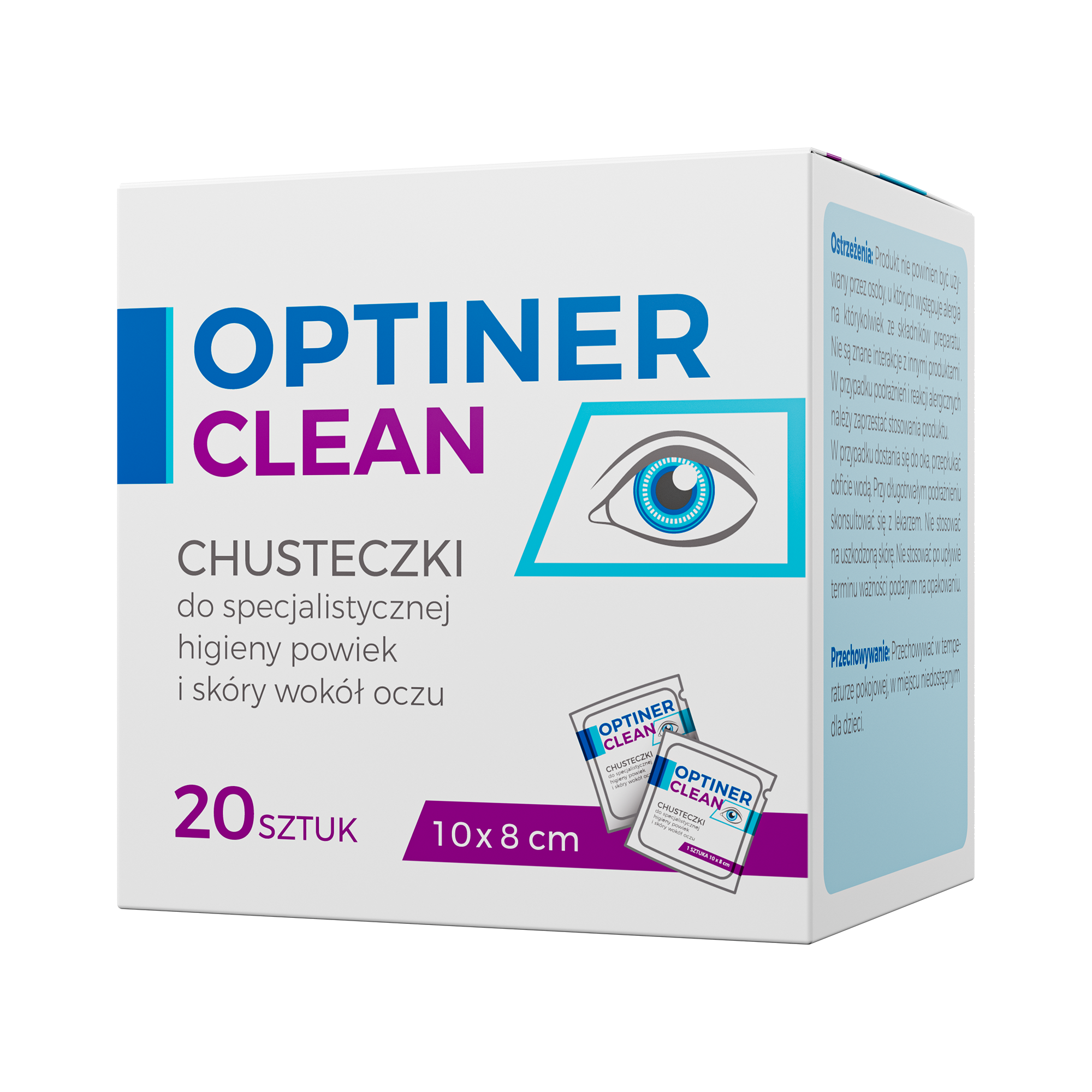 Optiner Clean, Chusteczki do specjalistycznej higieny powiek i skóry wokół oczu, 20 sztuk